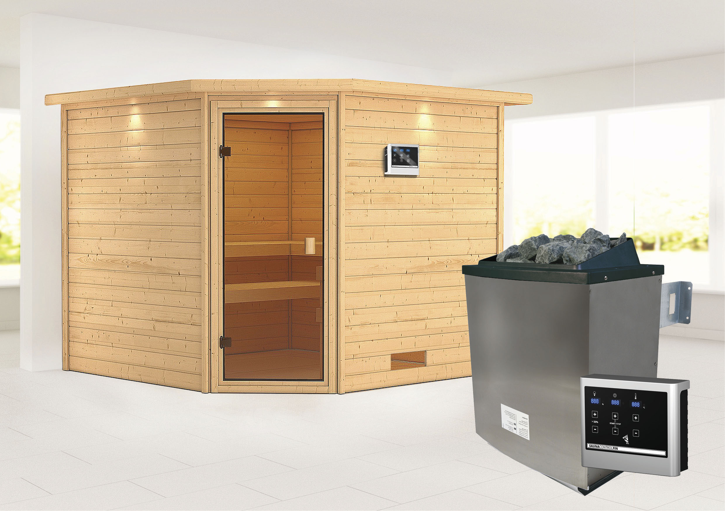 Karibu Sauna »"Leona" mit Kranz und bronzierter Tür Ofen 9 KW externe Strg günstig online kaufen