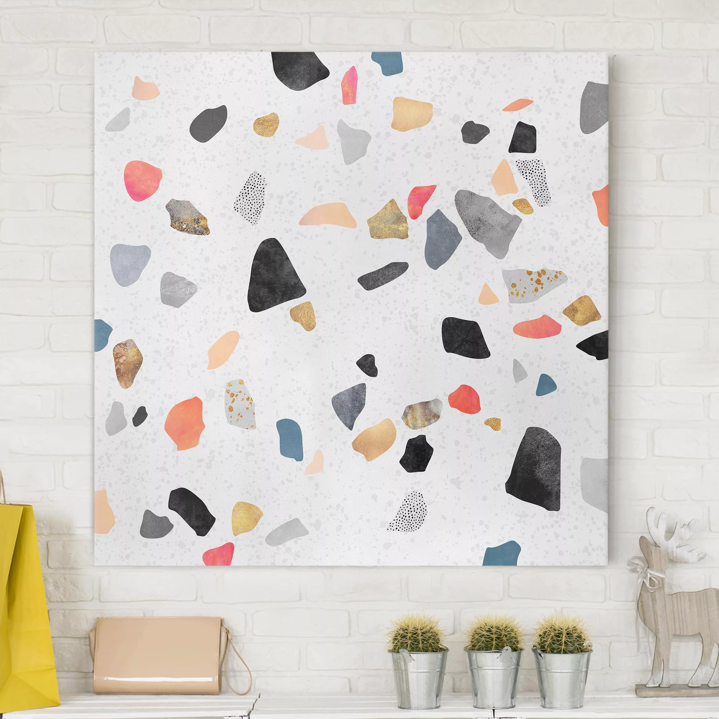 Leinwandbild Abstrakt - Quadrat Weißer Terrazzo mit Goldsteinchen günstig online kaufen