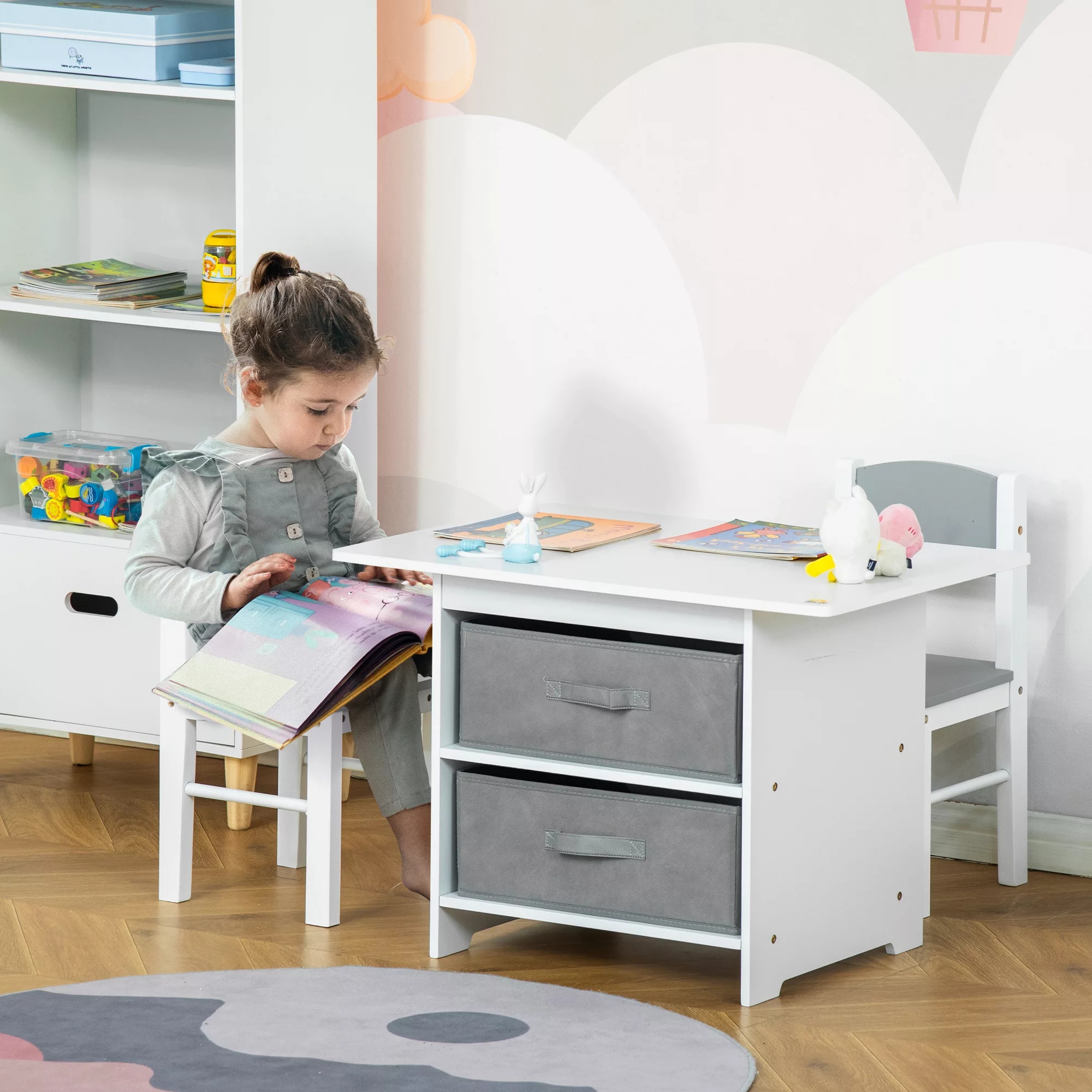 Kindertisch mit Stauraum & 2 Aufbewahrungskörben, Holz, Vliesstoff, Weiß+Gr günstig online kaufen