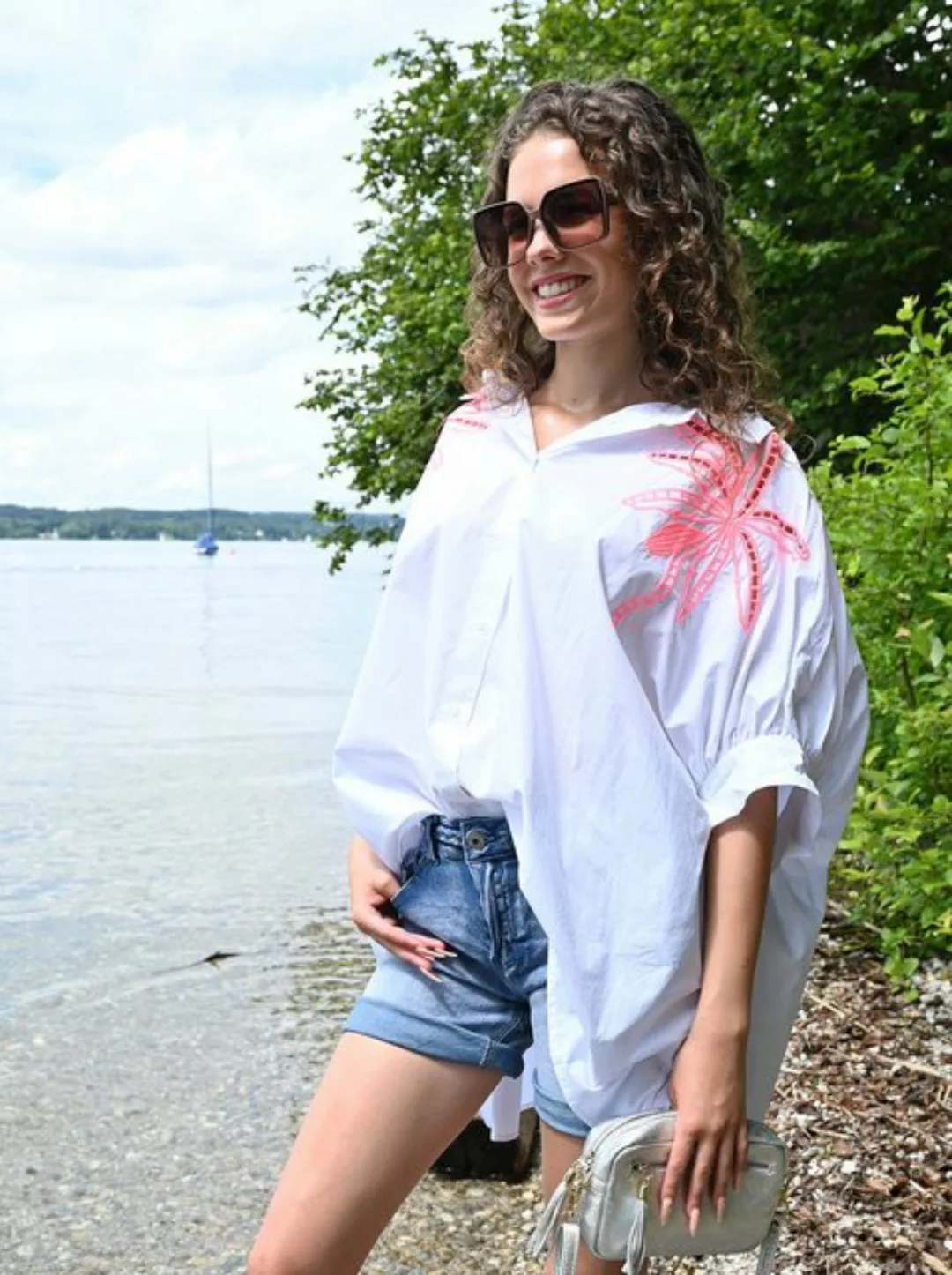 MODAFEIN Hemdbluse Oversized Bluse Palme Weiß günstig online kaufen