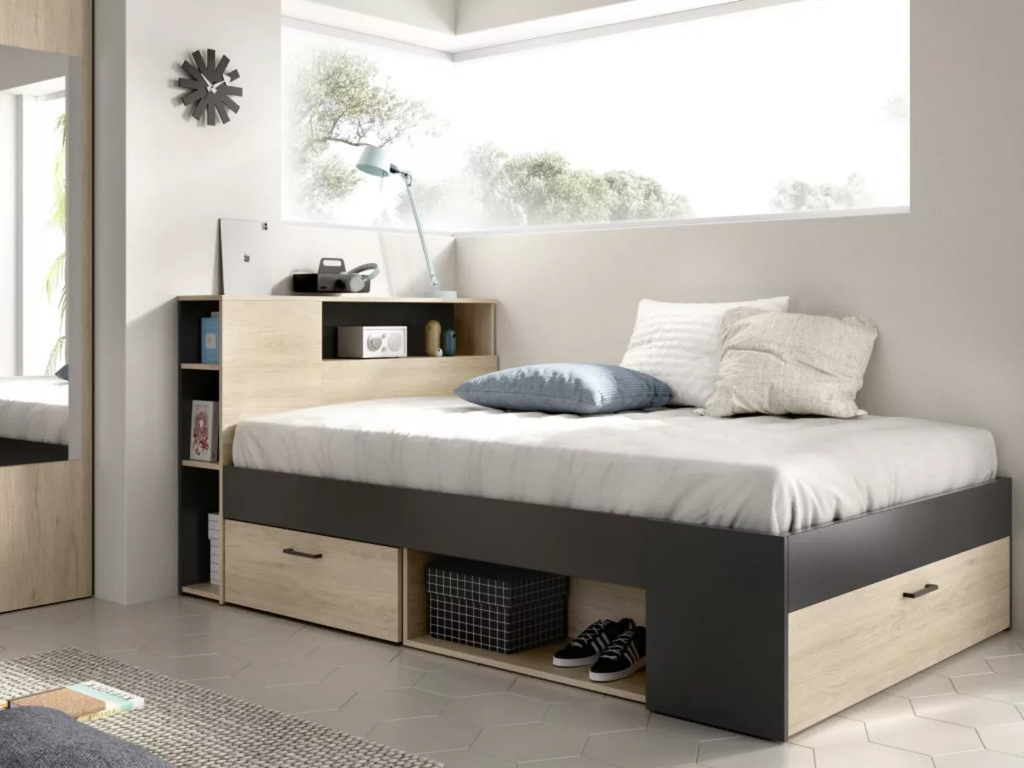 Bett mit Kopfteil, Stauraum & Schubladen - 120 x 190 cm - Holzfarben & Anth günstig online kaufen