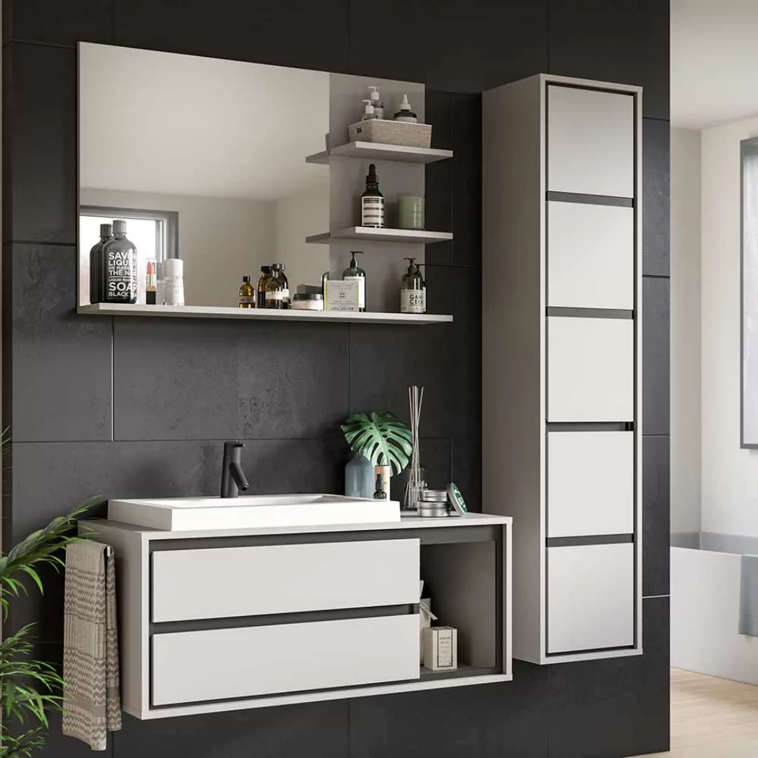 Badmöbel mit Spiegel in Grau und Schwarz inklusive Waschbecken (dreiteilig) günstig online kaufen