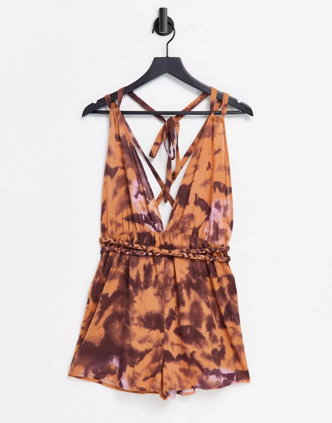 ASOS DESIGN – Strand-Playsuit mit geflochtenem Detail und Batikmuster-Mehrf günstig online kaufen