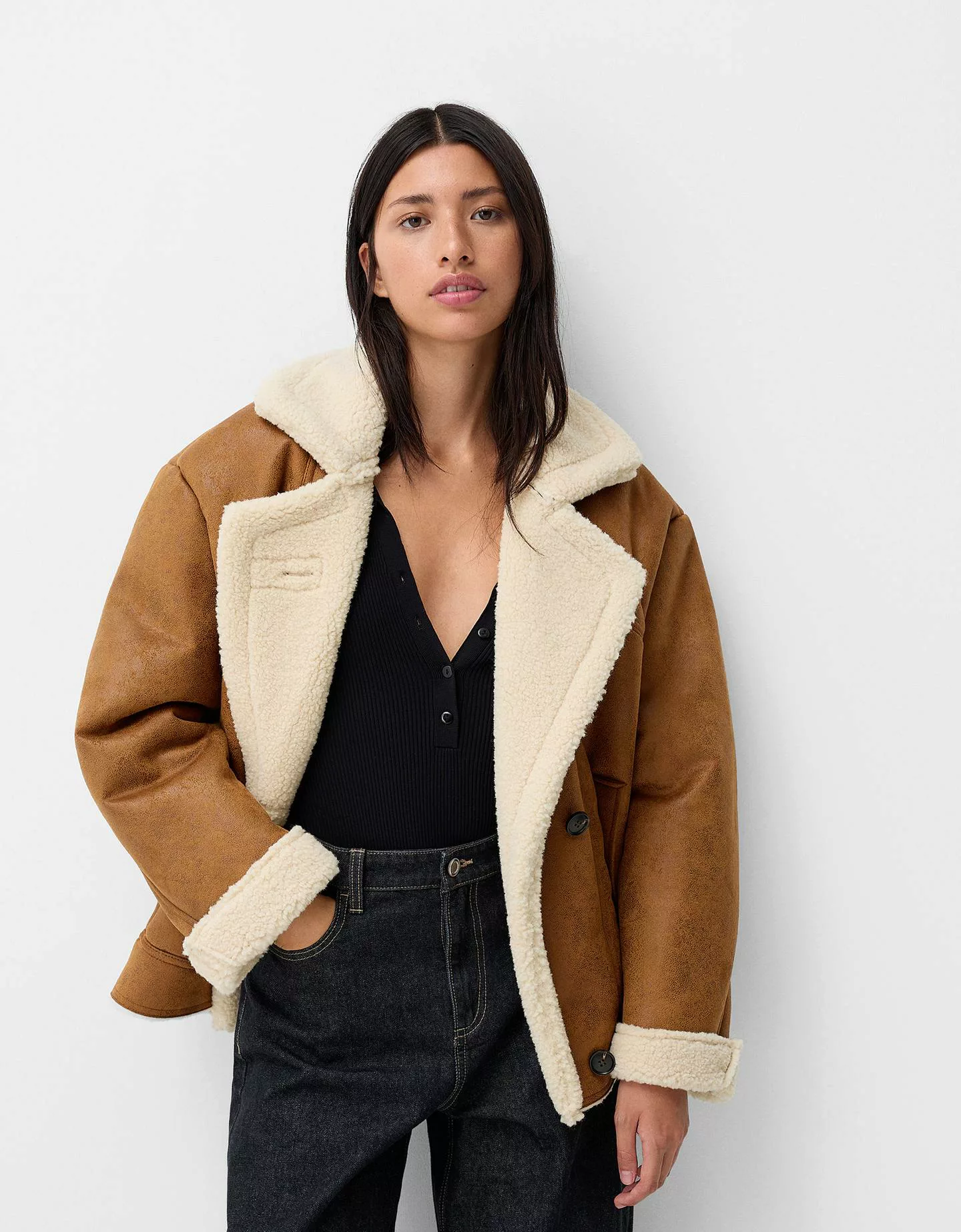 Bershka Doubleface-Mantel Mit Dreiviertelärmeln Damen Xs Braun günstig online kaufen