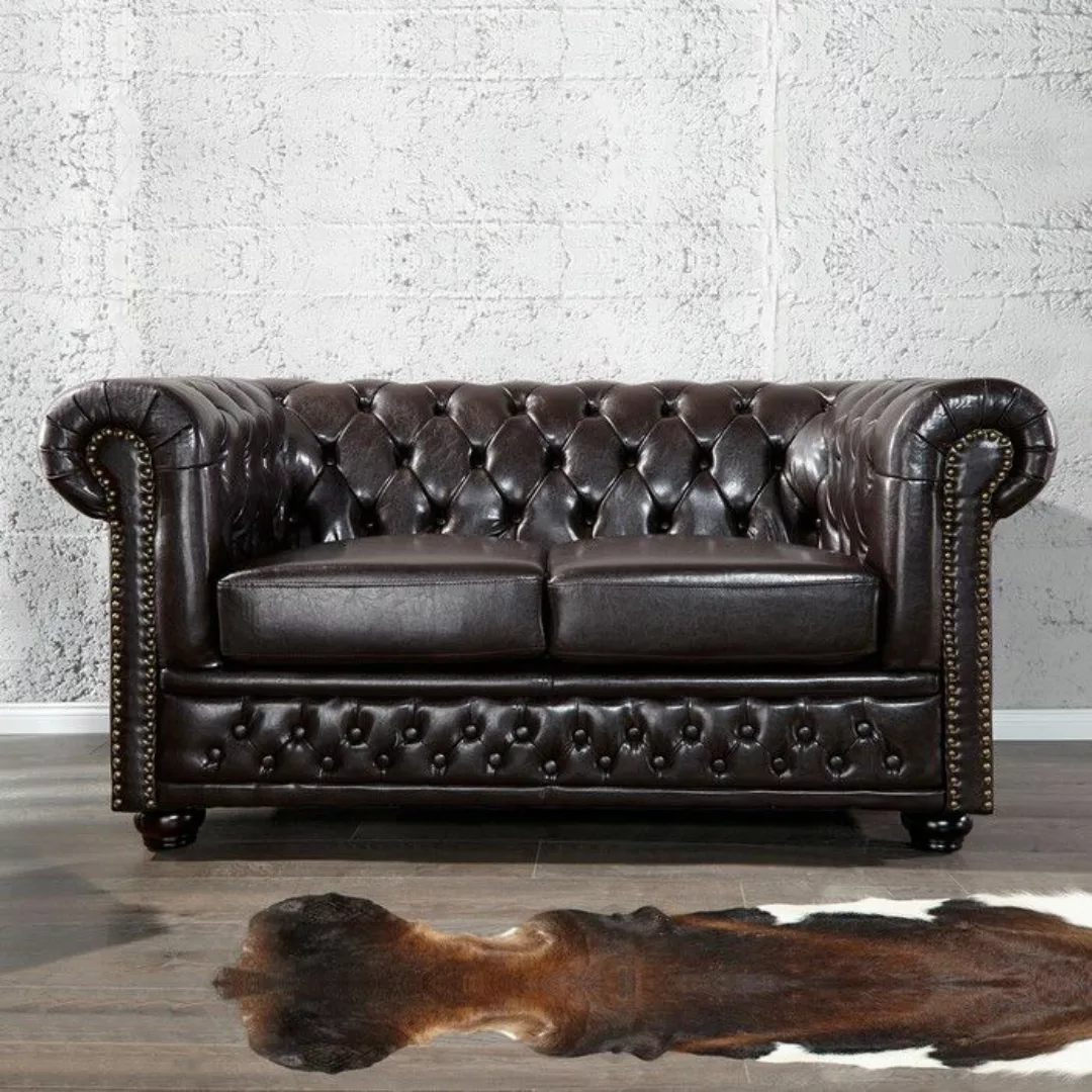 2er Sofa WINCHESTER Dunkelbraun im klassisch englischen Chesterfield-Stil günstig online kaufen