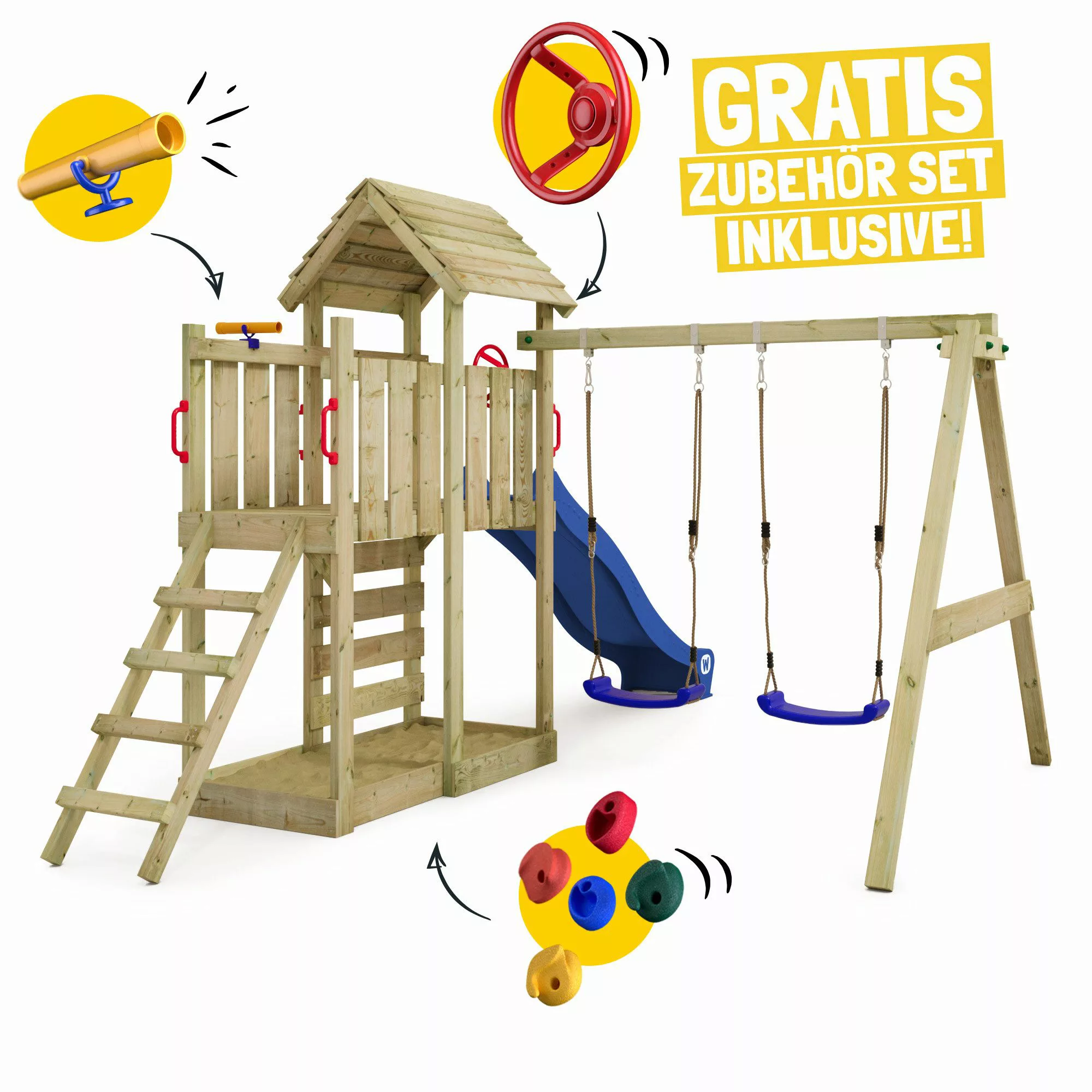 Wickey Spielturm MultiFlyer mit Holzdach, Doppelschaukel günstig online kaufen