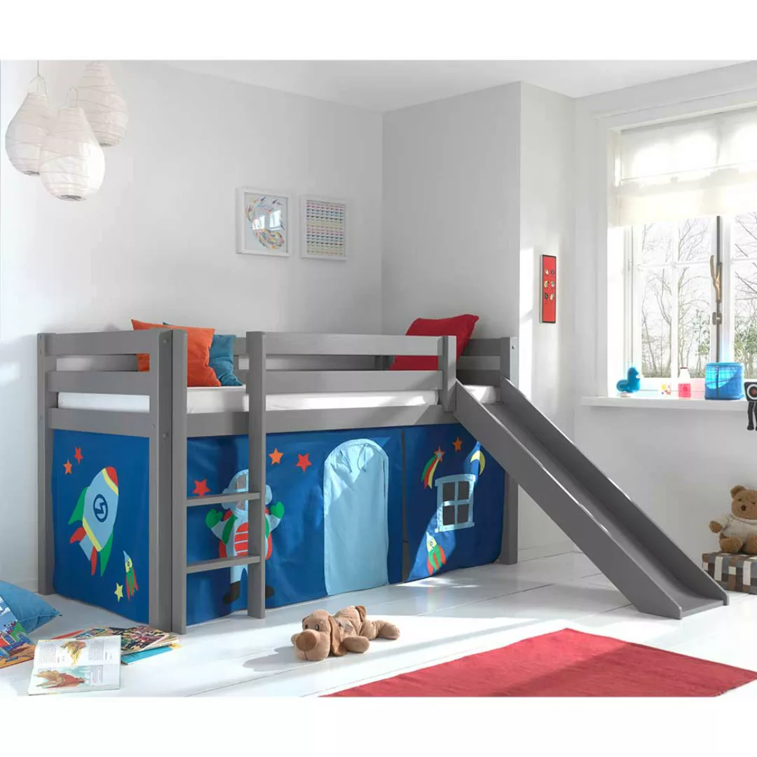 Kinderzimmerbett in Grau und Blau Rutsche und Vorhang günstig online kaufen