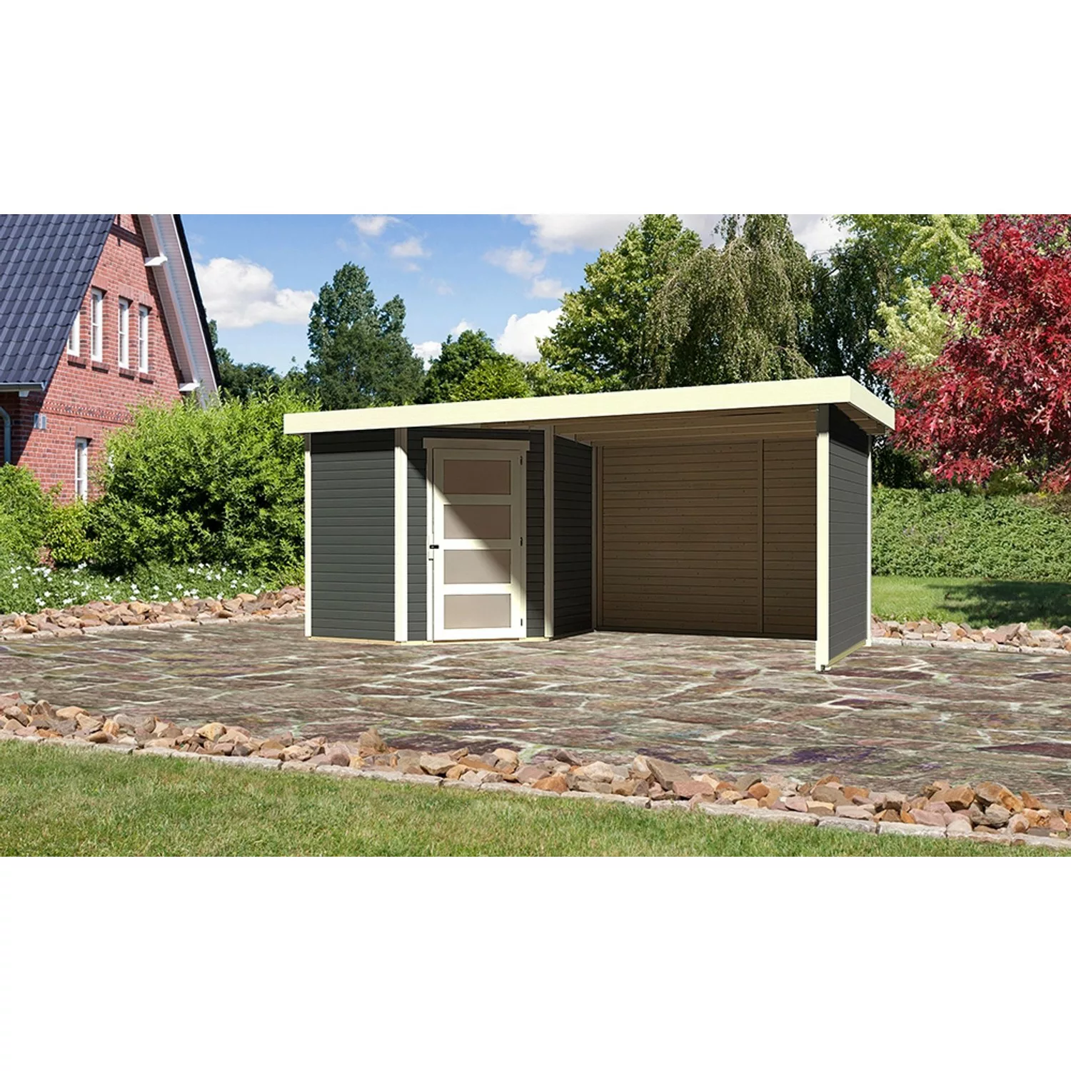 Karibu Holz-Gartenhaus/Gerätehaus Terragrau Flachdach Lackiert 209 cm x 213 günstig online kaufen