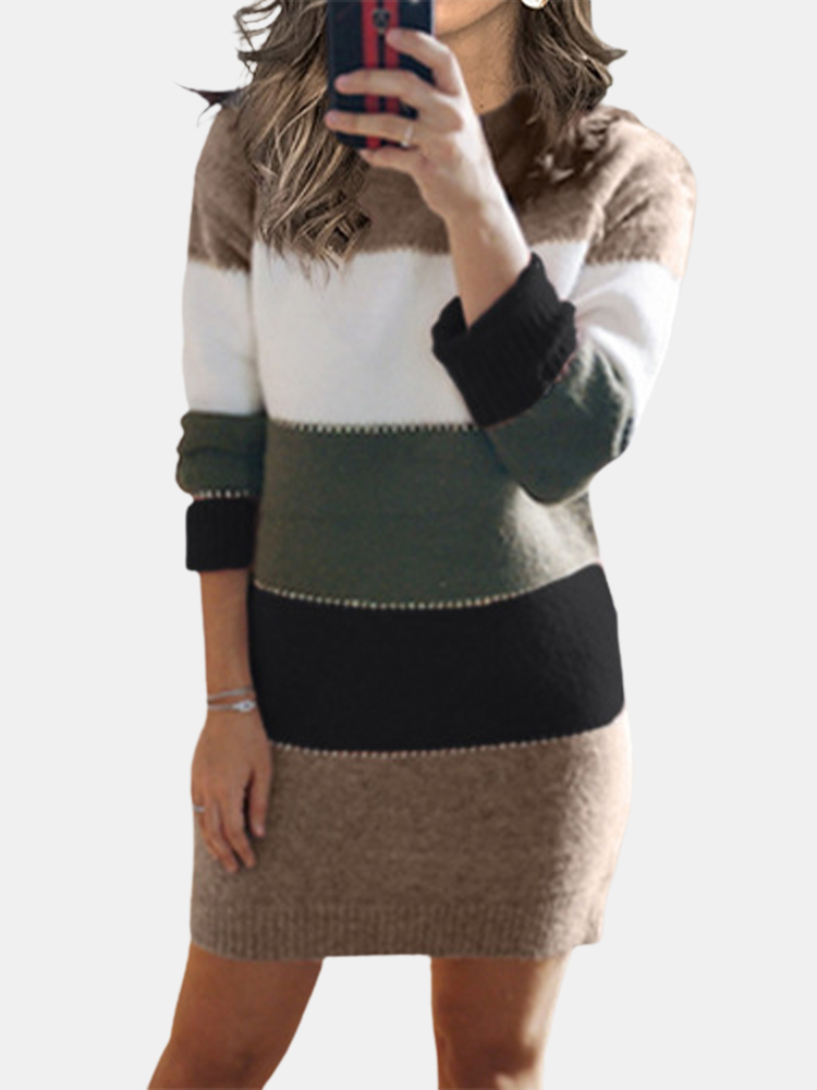 Kontrastfarbe Patchwork Langarm Casual Sweater Kleid Für Damen günstig online kaufen