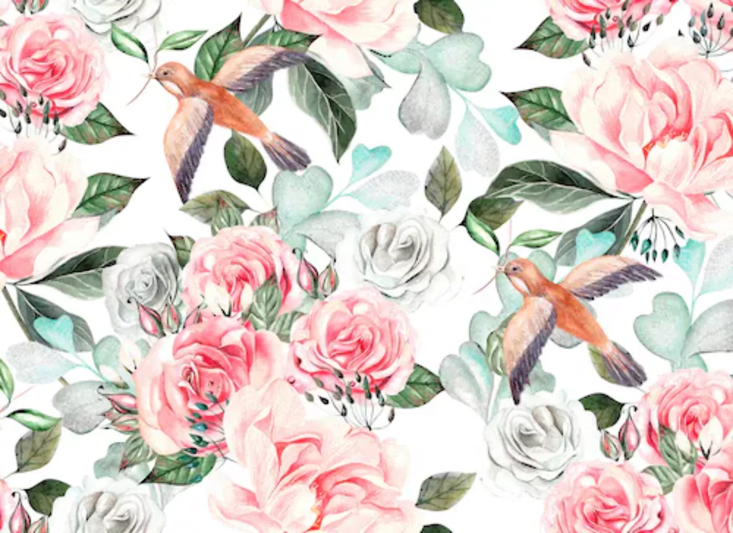 Fototapete Blumen Vögel Türkis Orange Weiß Grün 3,50 m x 2,55 m FSC® günstig online kaufen