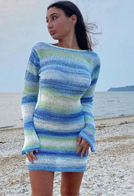 CHENIN Strickkleid Damen-Langarm-Rundhals-Streifenrock, Kleid Lässige Mode, günstig online kaufen