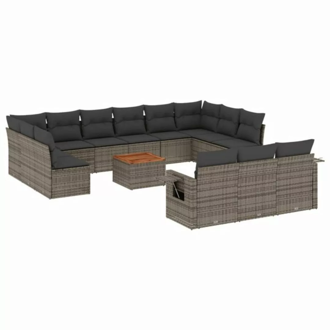 vidaXL Loungesofa 14-tlg. Garten-Sofagarnitur mit Kissen Grau Poly Rattan, günstig online kaufen