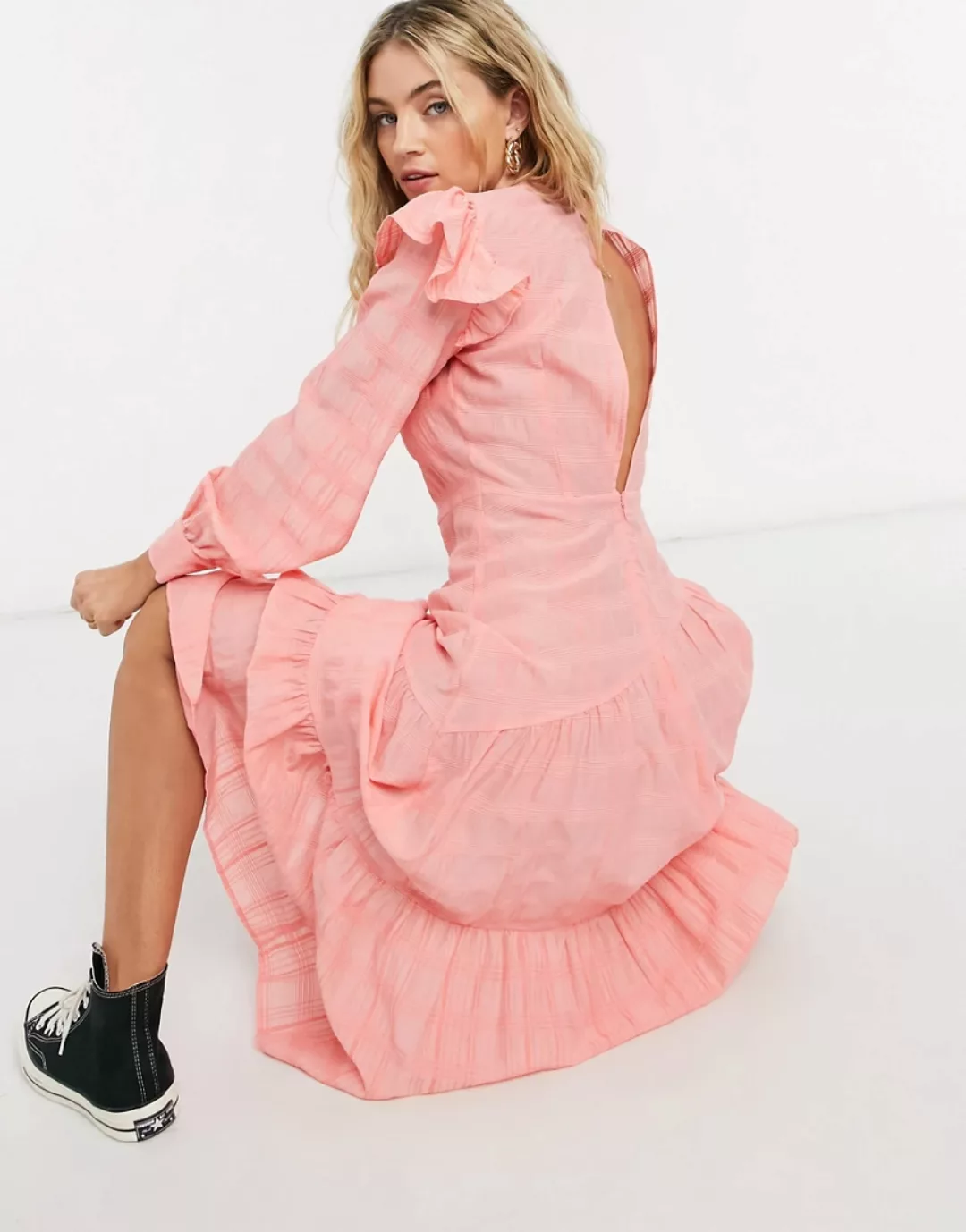 Topshop – Kariertes, gerafftes Kleid in Koralle-Rosa günstig online kaufen