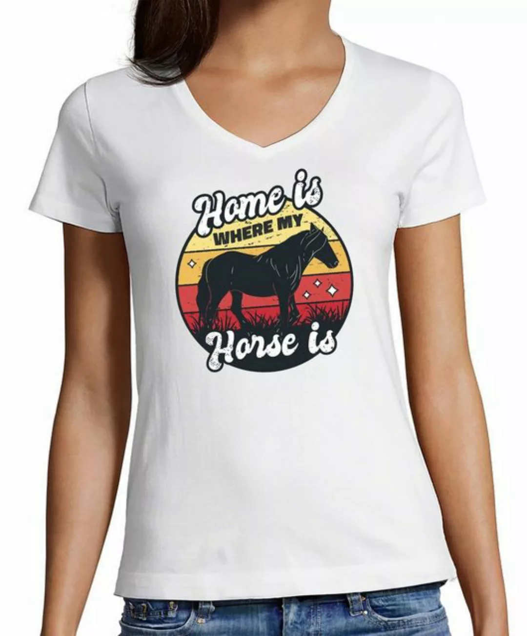 MyDesign24 T-Shirt Damen Pferde Print Shirt bedruckt - Home is where my Hor günstig online kaufen