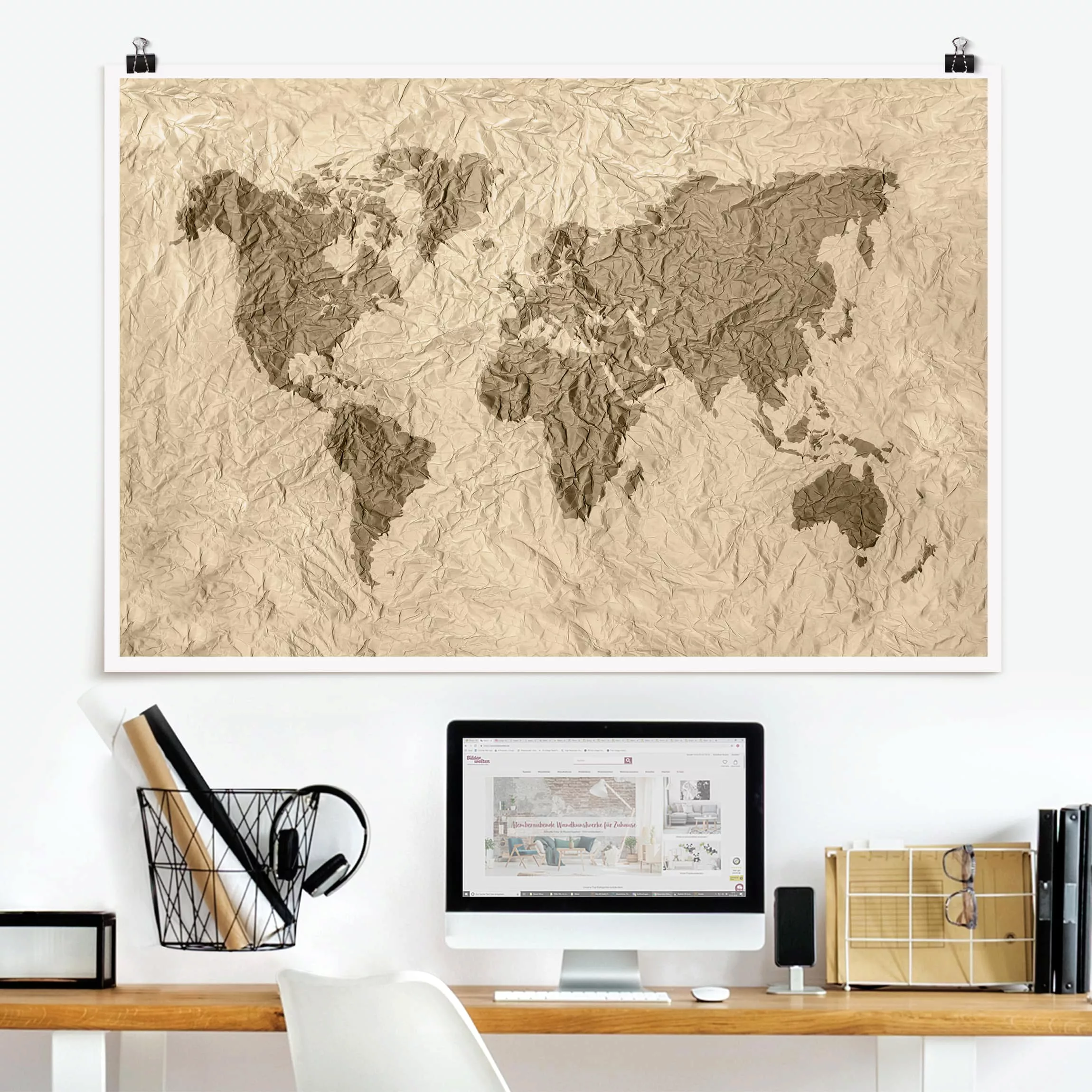 Poster Stadt-, Land- & Weltkarten - Querformat Papier Weltkarte Beige Braun günstig online kaufen