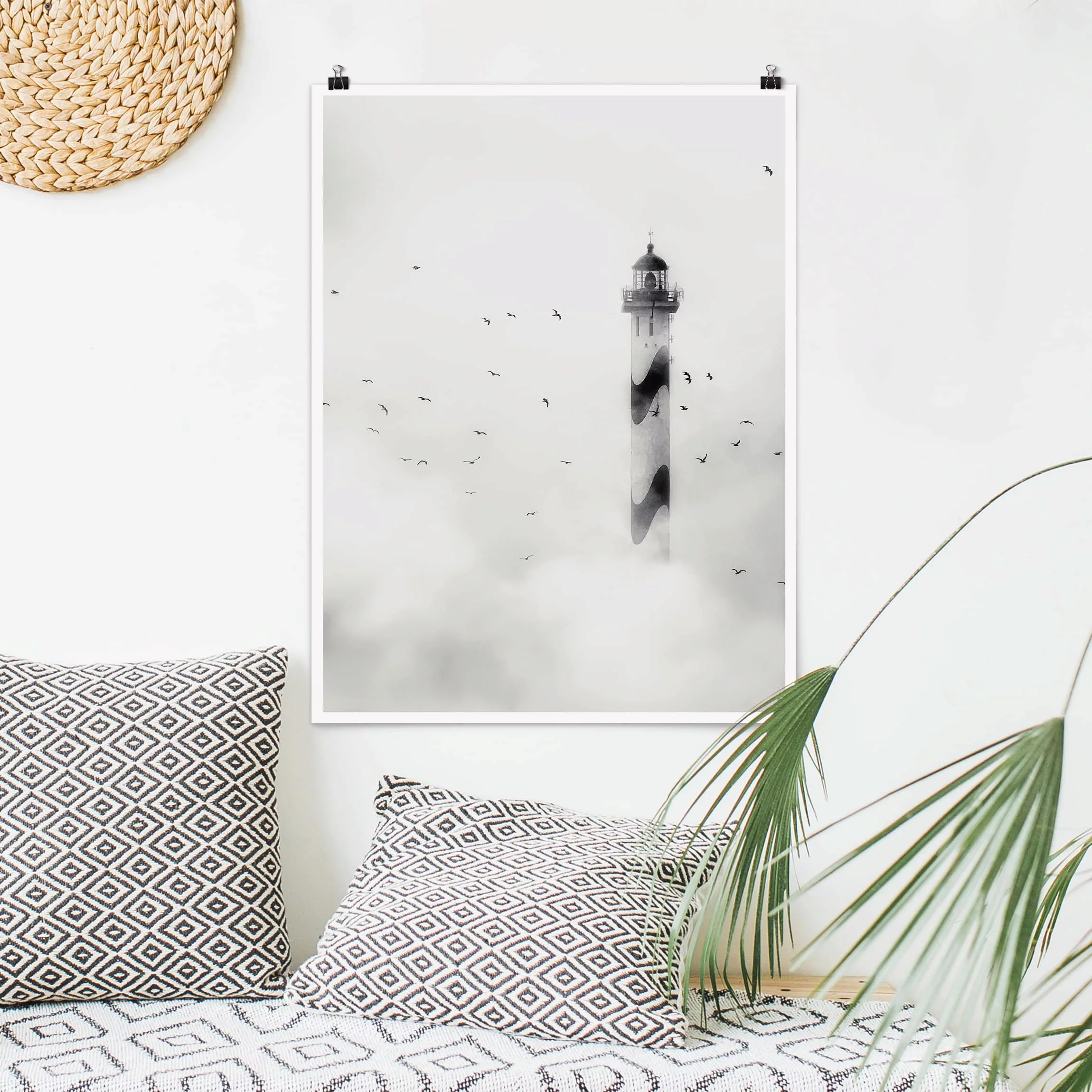 Poster Strand - Hochformat Leuchtturm im Nebel günstig online kaufen