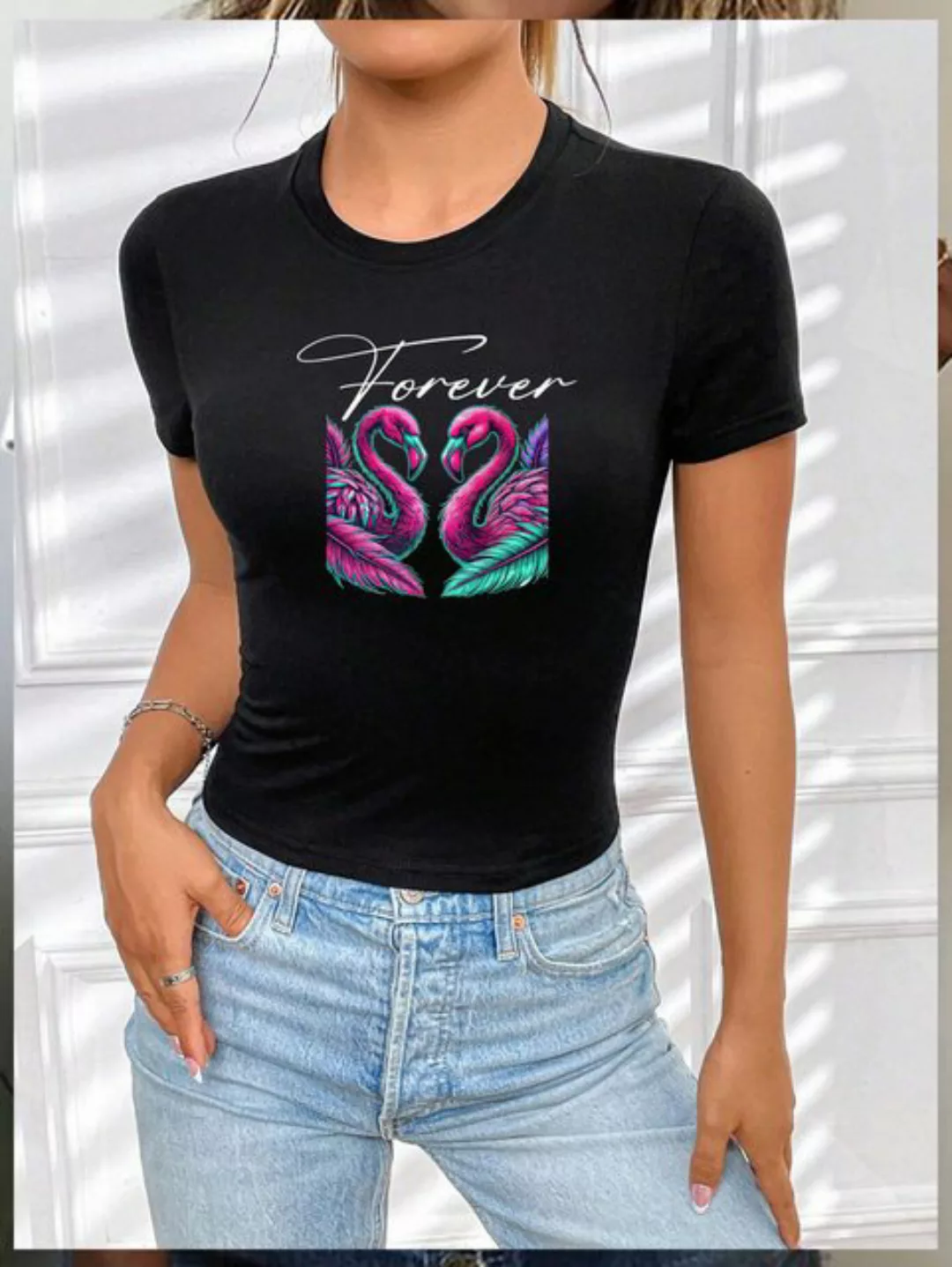 RMK T-Shirt Damen Shirt Top Sommer Basic Flamingo Forever aus Baumwolle günstig online kaufen