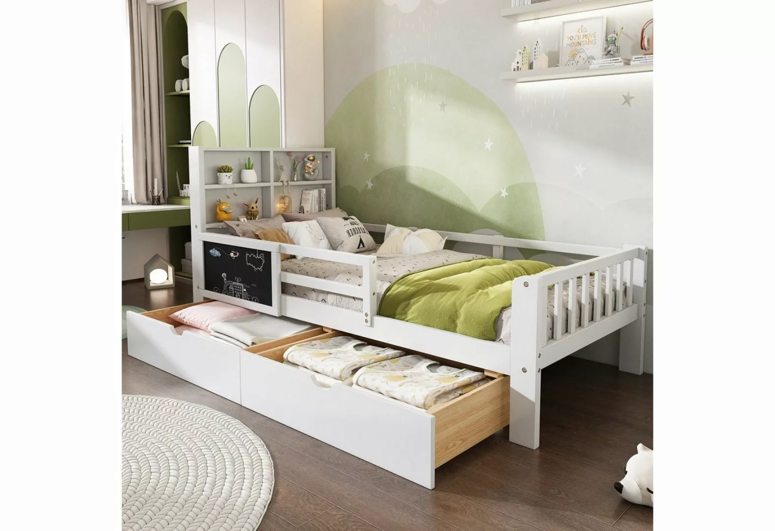 SOFTWEARY Kinderbett Einzelbett mit Lattenrost und Schubladen (90x200 cm), günstig online kaufen