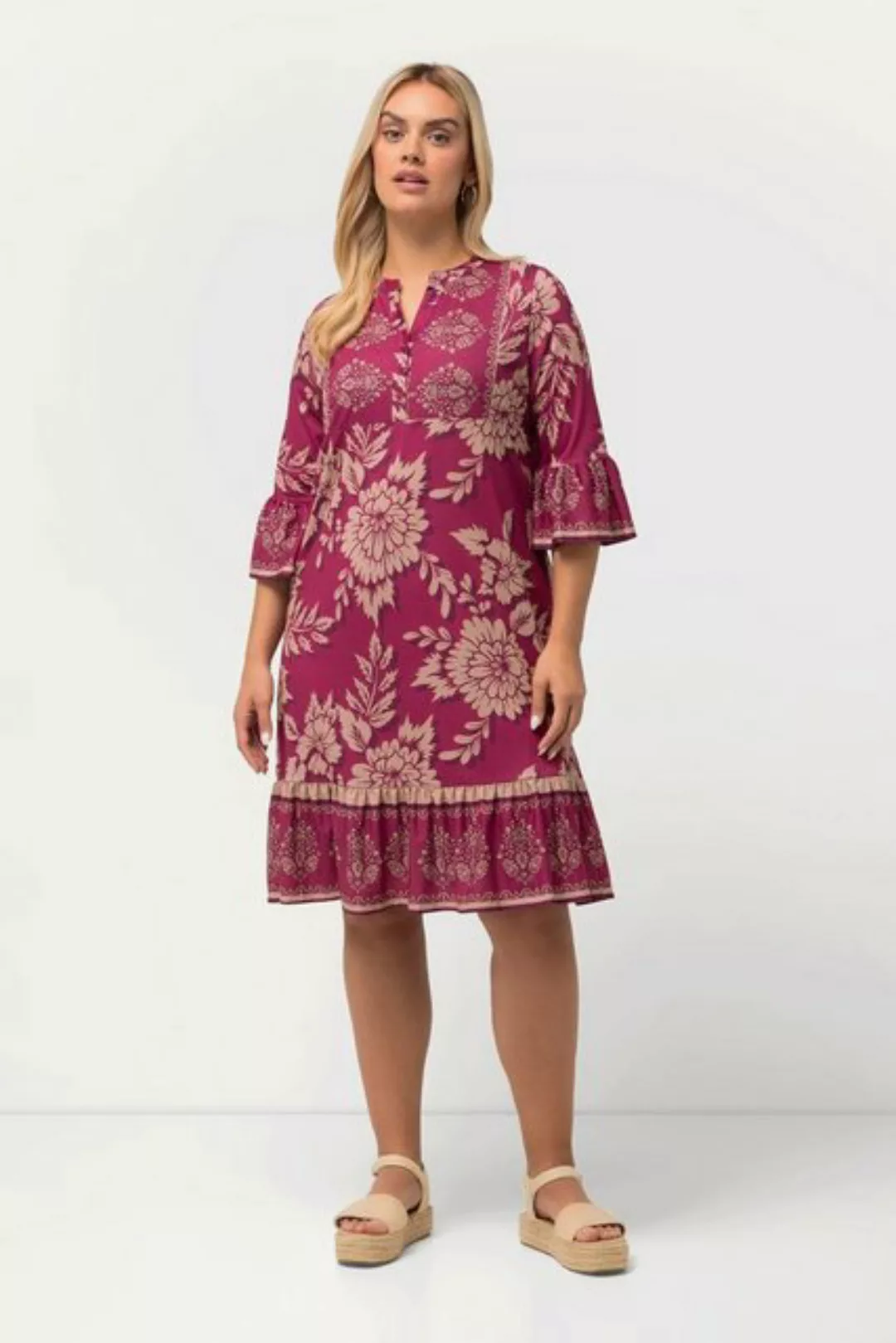 Ulla Popken Sommerkleid Minikleid Blüten A-Linie V-Ausschnitt 3/4-Arm günstig online kaufen