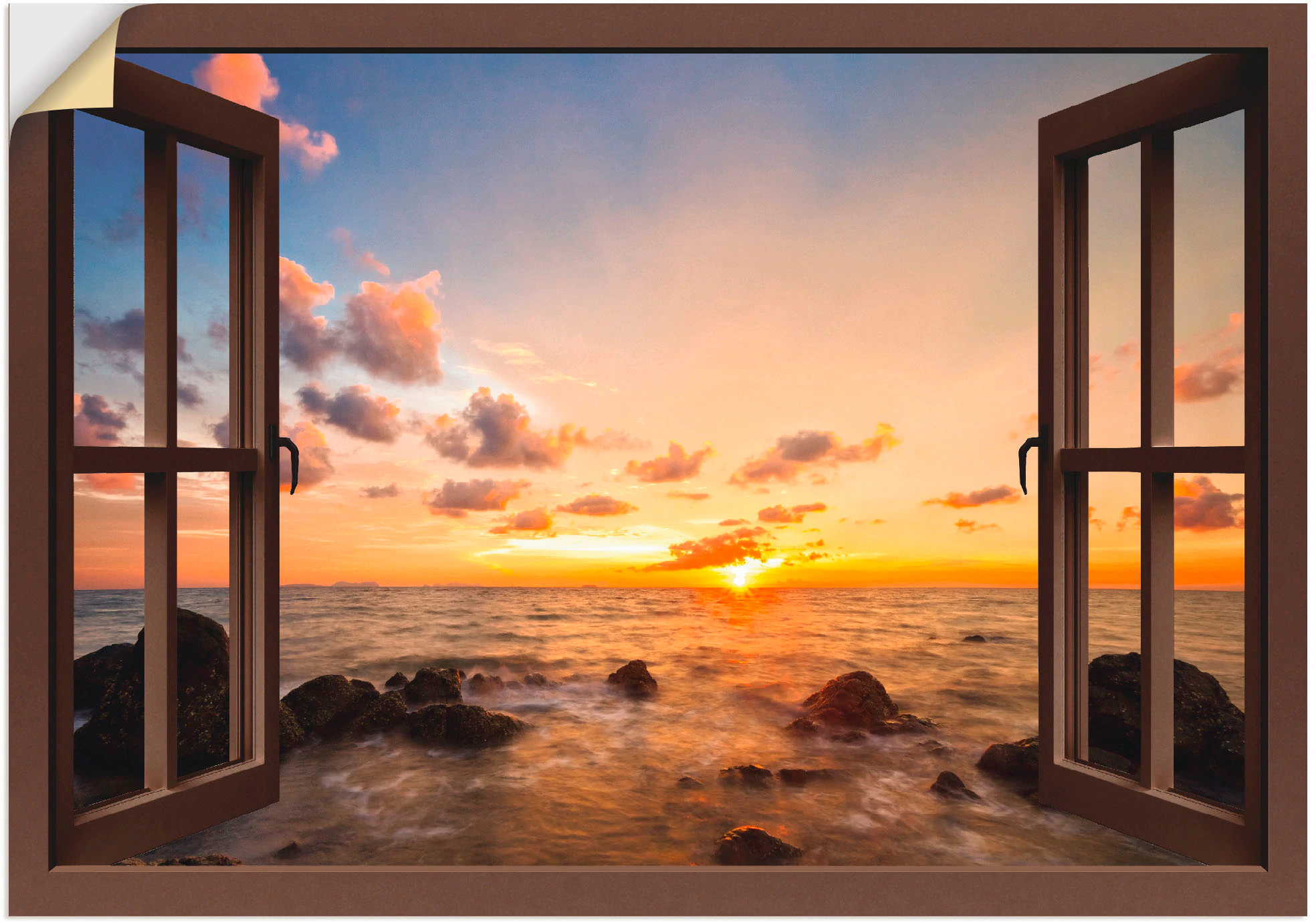 Artland Wandbild "Fensterblick Sonnenuntergang am Meer", Fensterblick, (1 S günstig online kaufen