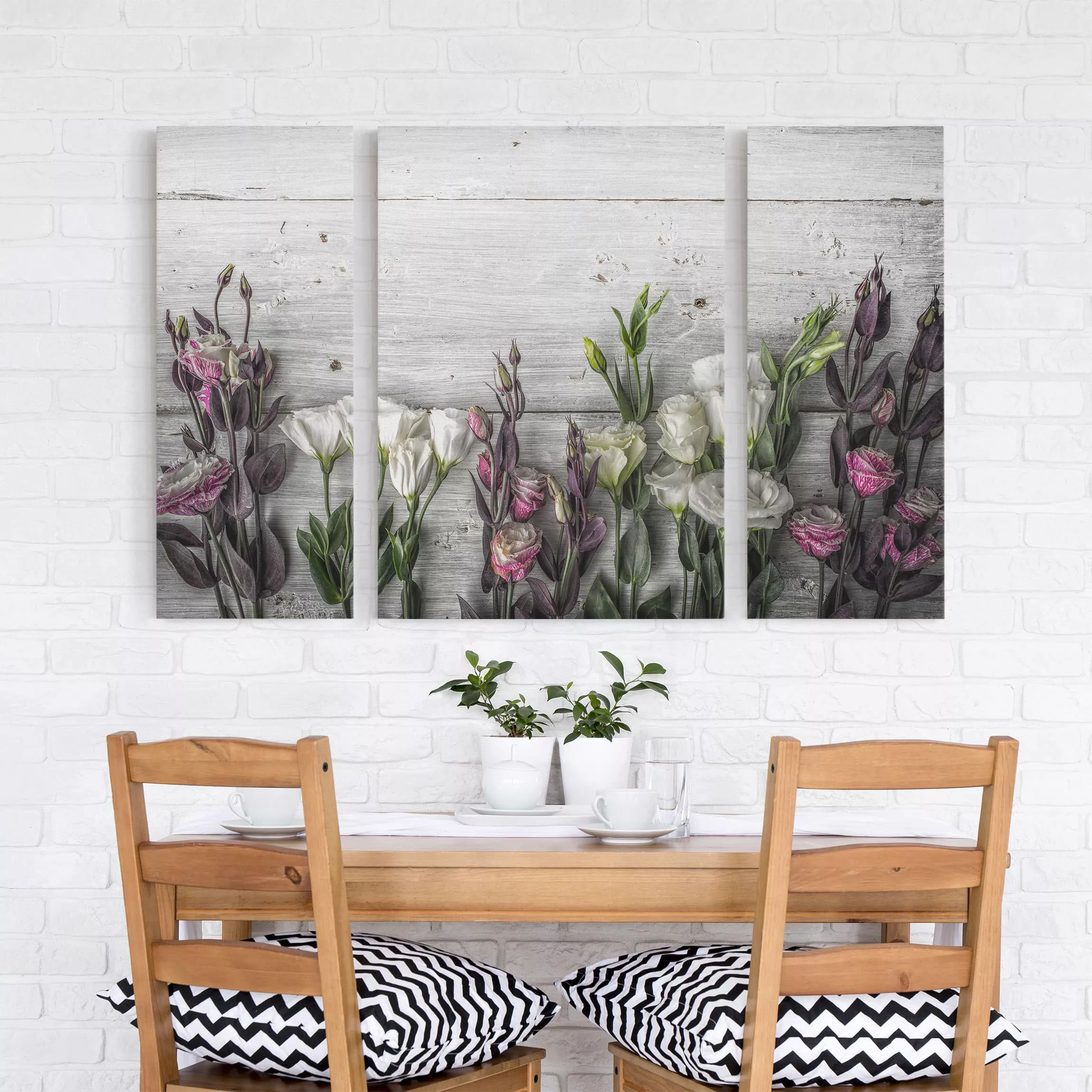 3-teiliges Leinwandbild Blumen - Querformat Tulpen-Rose Shabby Holzoptik günstig online kaufen