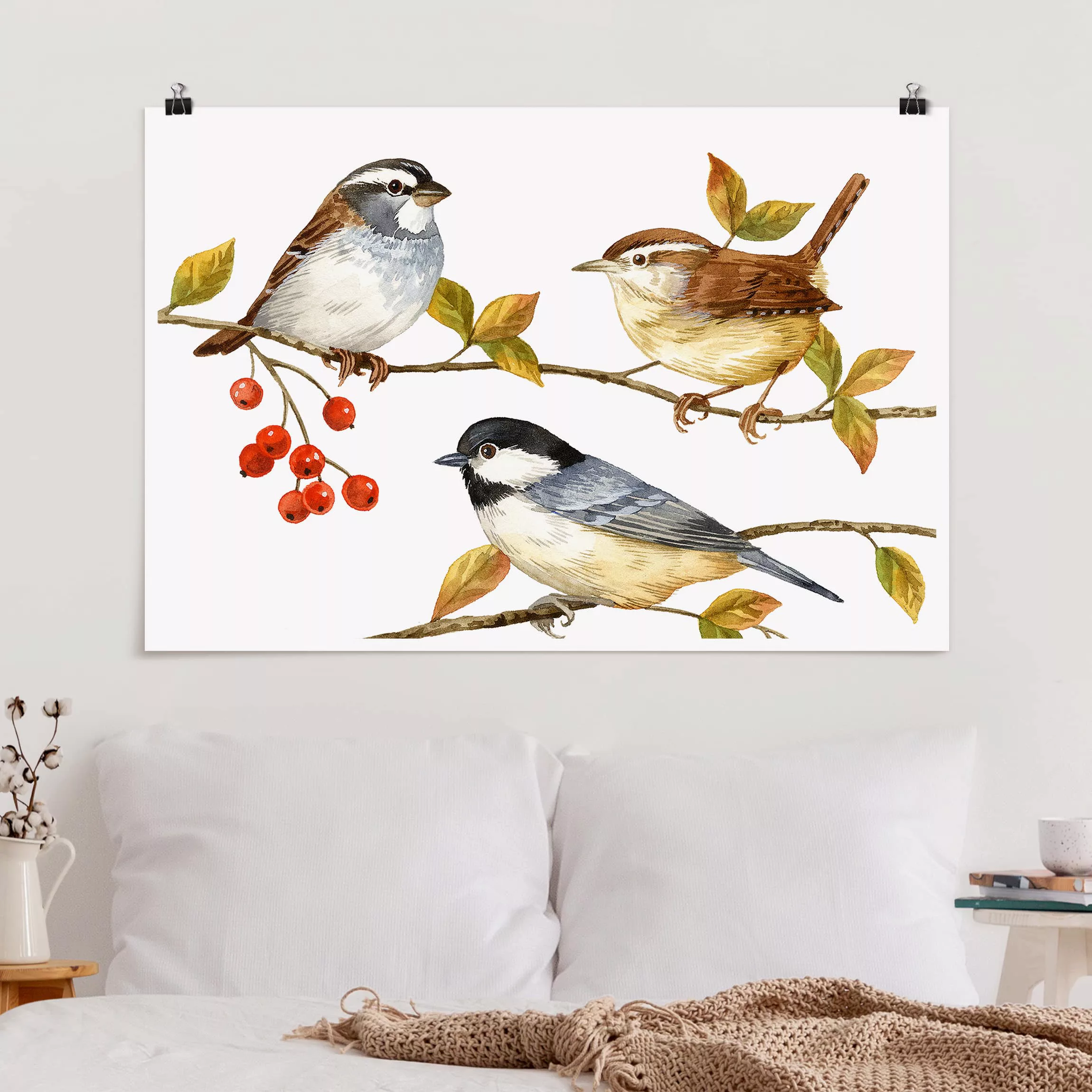 Poster Kunstdruck - Querformat Vögel und Beeren - Meisen günstig online kaufen