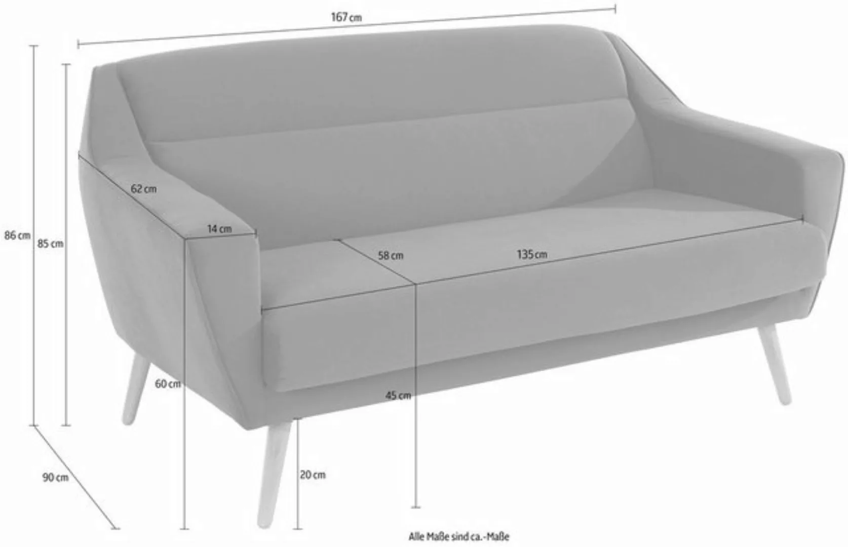 andas 2-Sitzer Bille, mit Naht im Rückenkissen und Eiche-Beinen, Design by günstig online kaufen