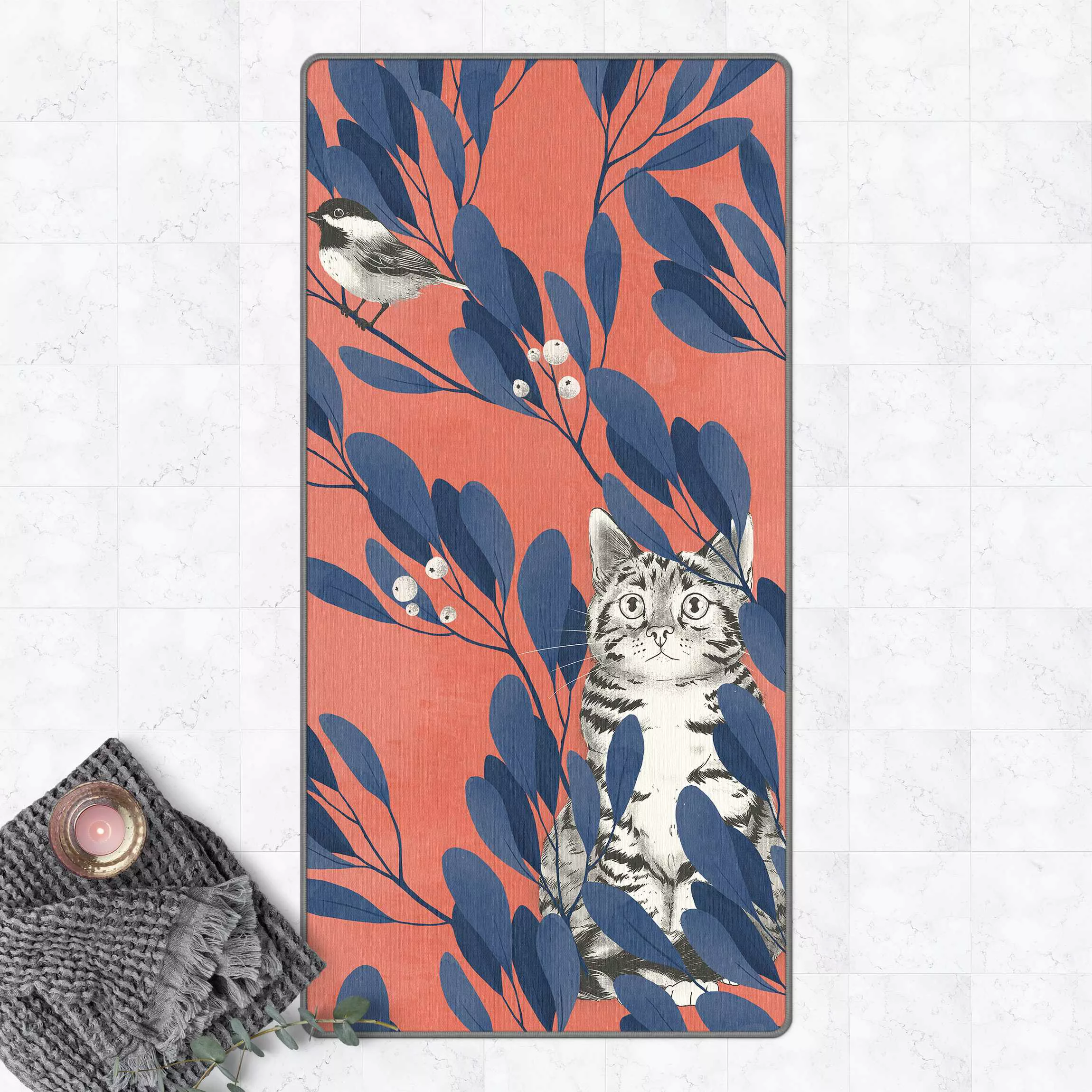 Teppich Illustration Katze und Vogel auf Ast Blau Rot günstig online kaufen