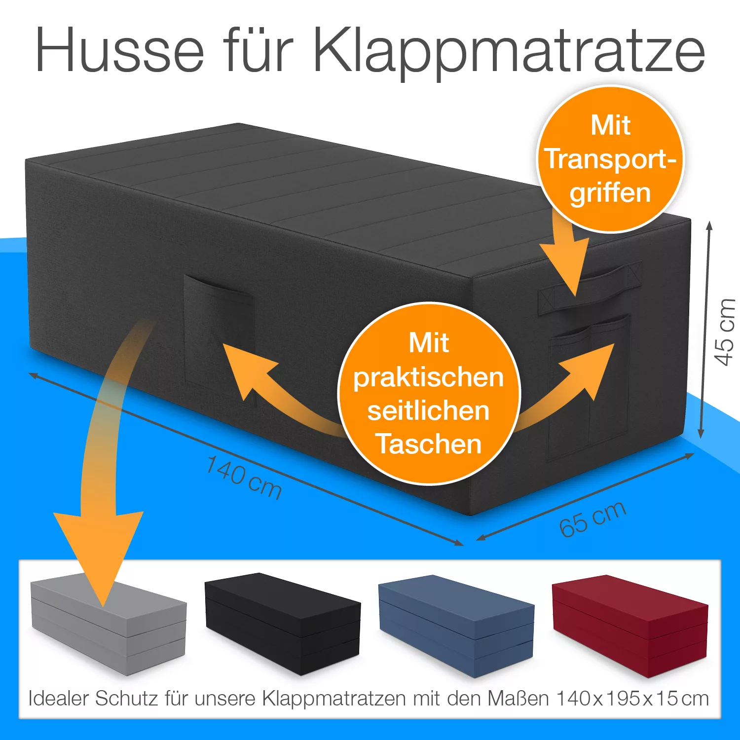 Husse für Klappmatratze Gästematratze 140x195x15, schwarz günstig online kaufen