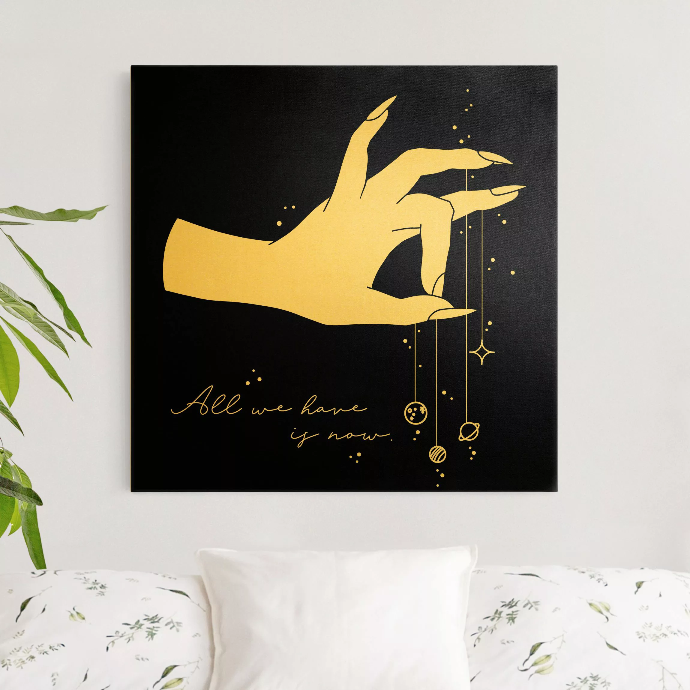 Leinwandbild Gold Hand mit Planeten - All we have is now günstig online kaufen