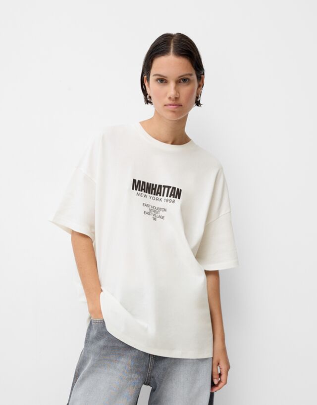 Bershka T-Shirt Mit Print Damen M Weiss günstig online kaufen