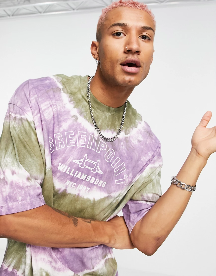 ASOS DESIGN – Oversize-T-Shirt mit gestreiftem Batikmuster in Rosa und Grün günstig online kaufen