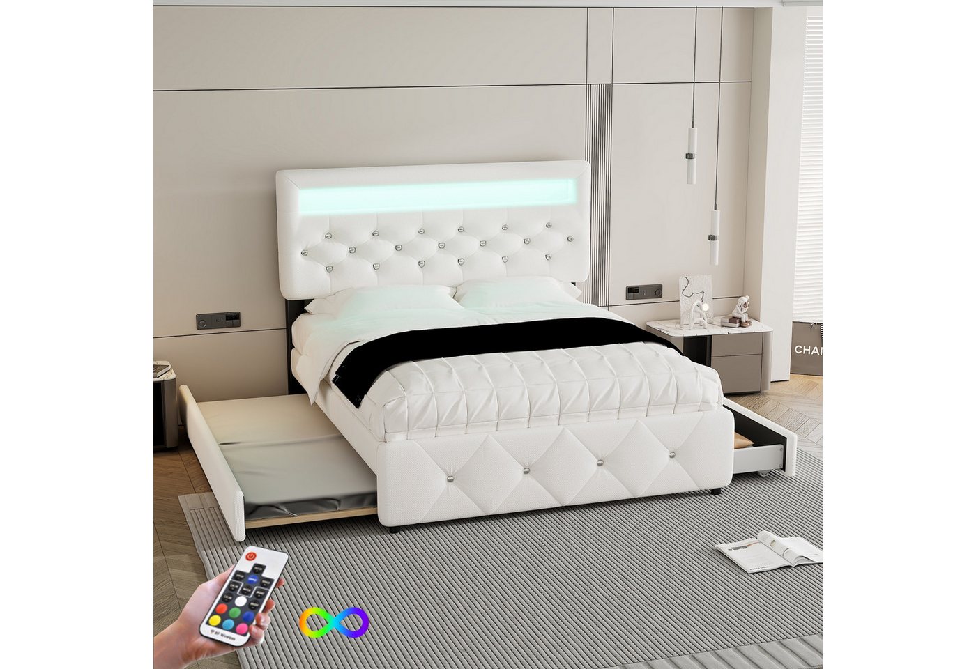 KoDise Polsterbett 140×200cm Doppelbett Ausziehbett mit 2 Schubladen, Licht günstig online kaufen