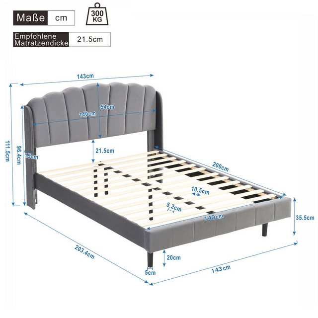 SeedWave Polsterbett Polsterbett aus Samt mit Sensor-LED-Licht, 140x200/160 günstig online kaufen