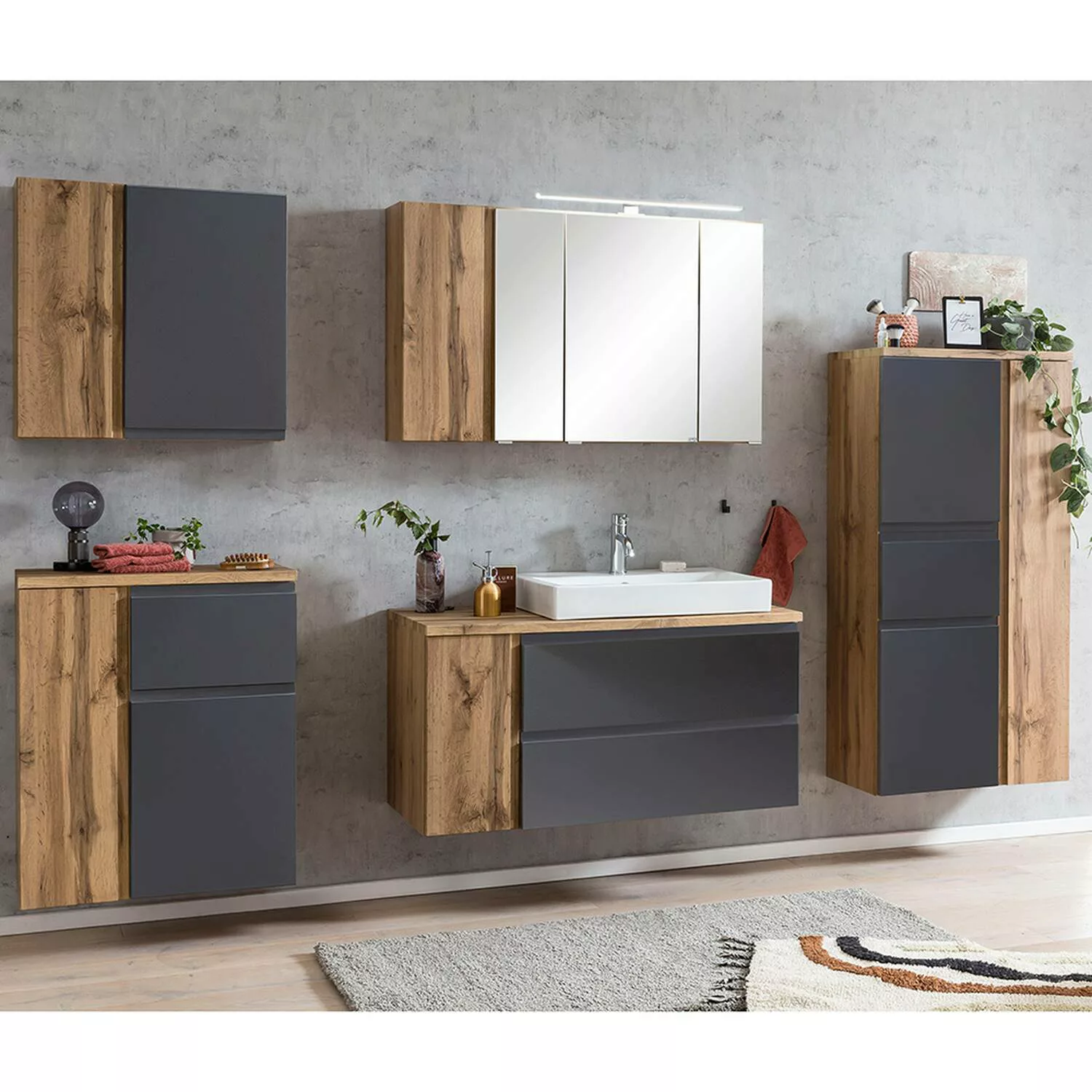Badmöbel Set mit Aufsatz-Waschbecken rechts, Wotan Eiche Nb. mit matt grau, günstig online kaufen