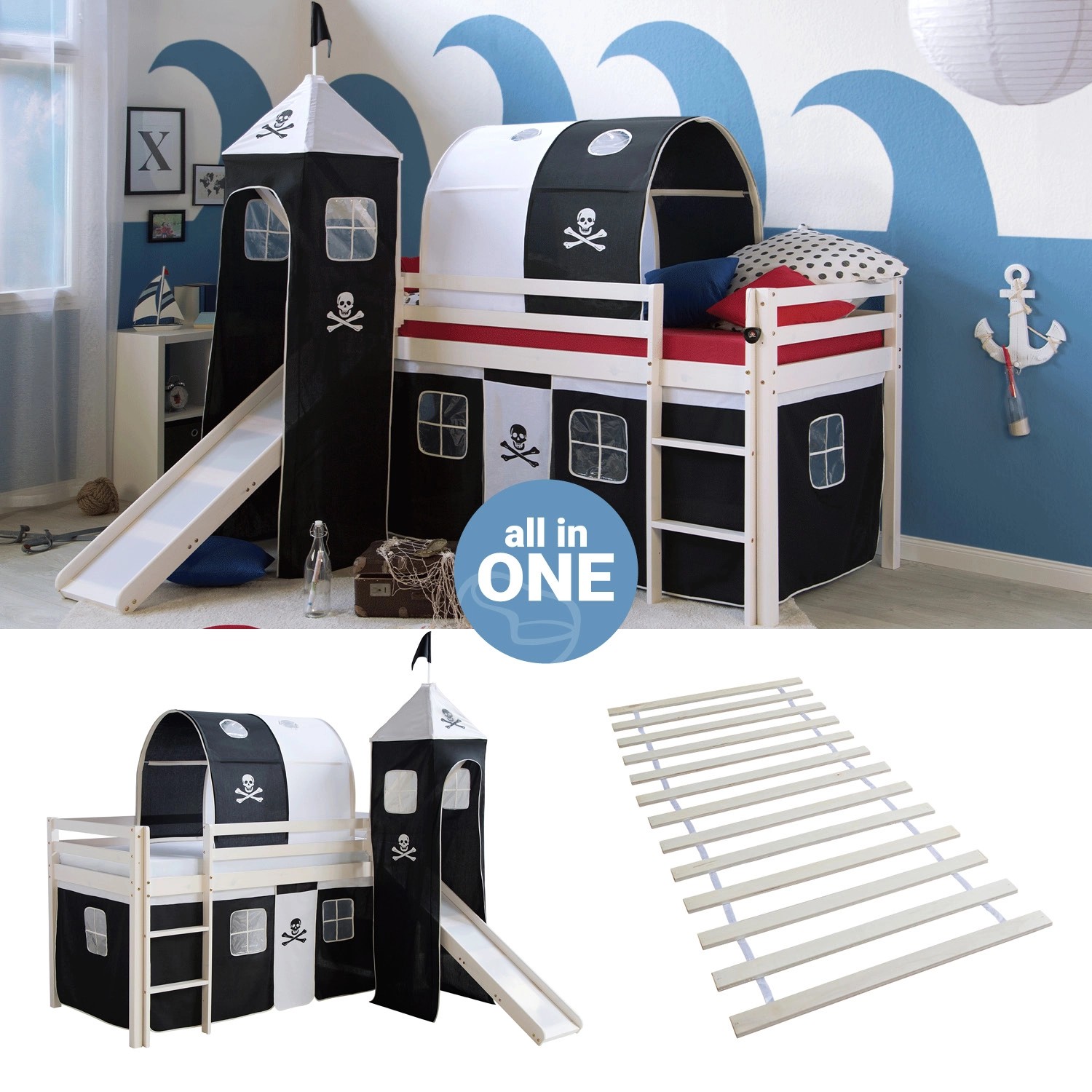 Homestyle4u Hochbett 90x200 mit Vorhang Lattenrost Rutsche Turm Tunnel in W günstig online kaufen