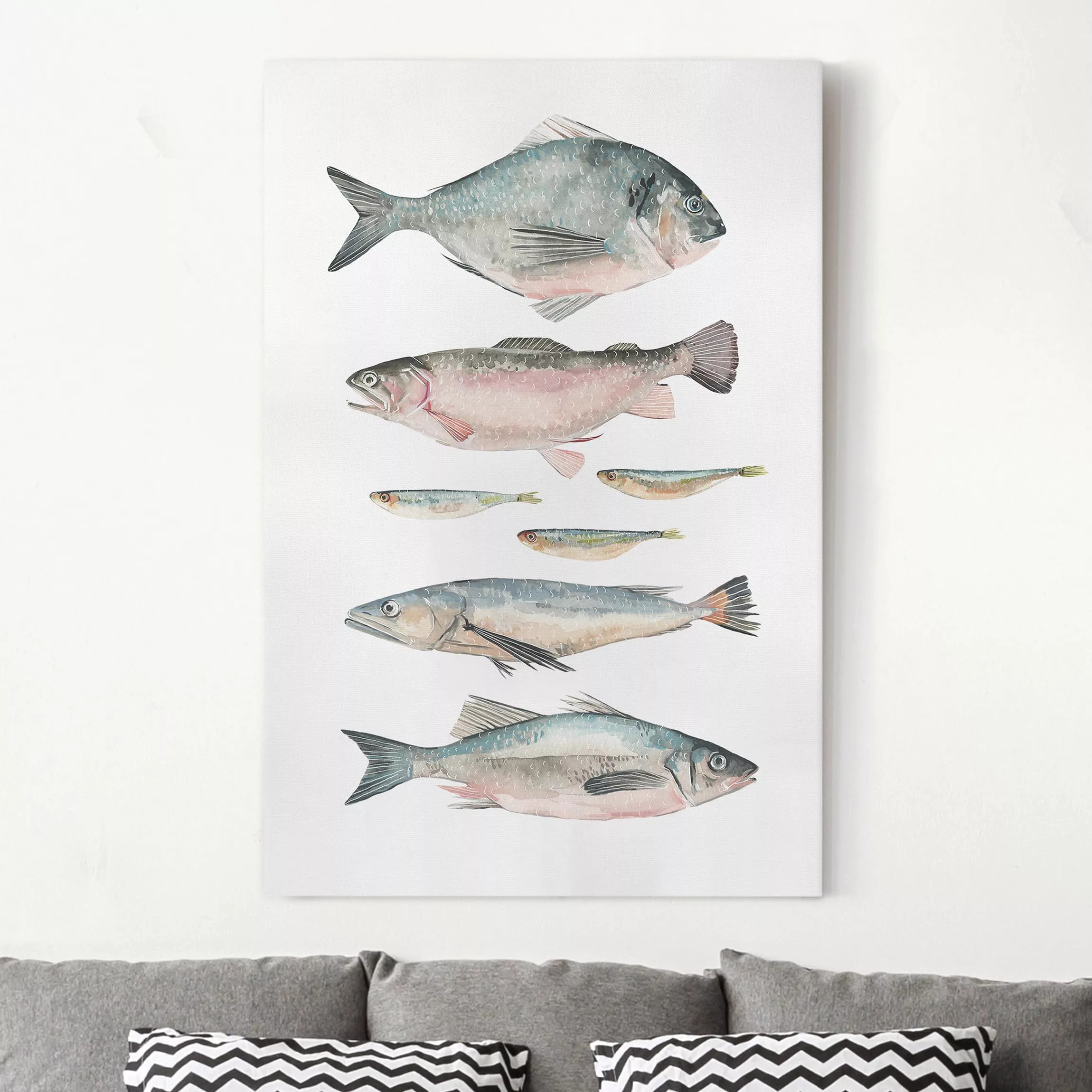 Leinwandbild Tiere - Hochformat Sieben Fische in Aquarell II günstig online kaufen