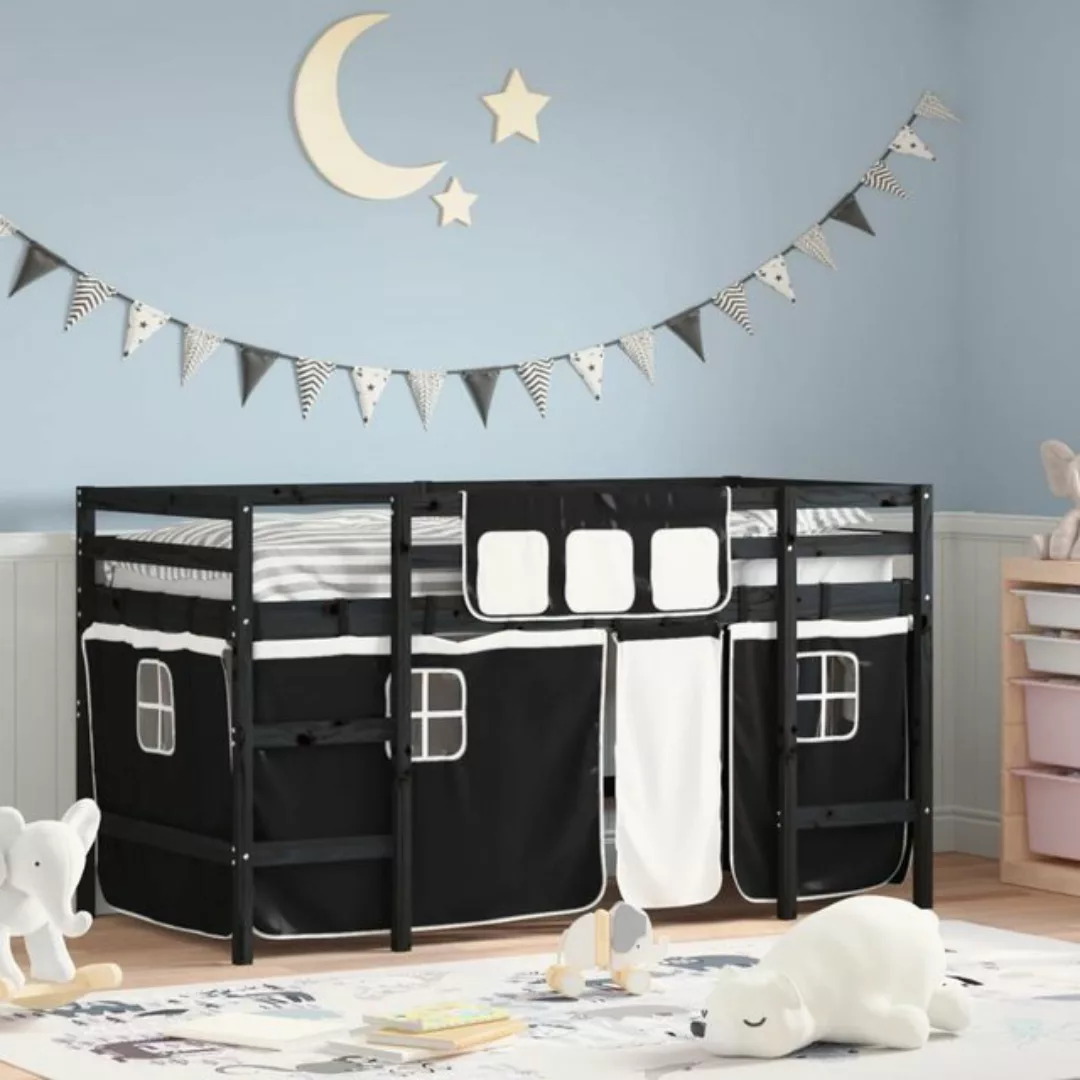 vidaXL Bett Kinderhochbett mit Vorhängen Weiß und Schwarz Massivholz Kiefer günstig online kaufen