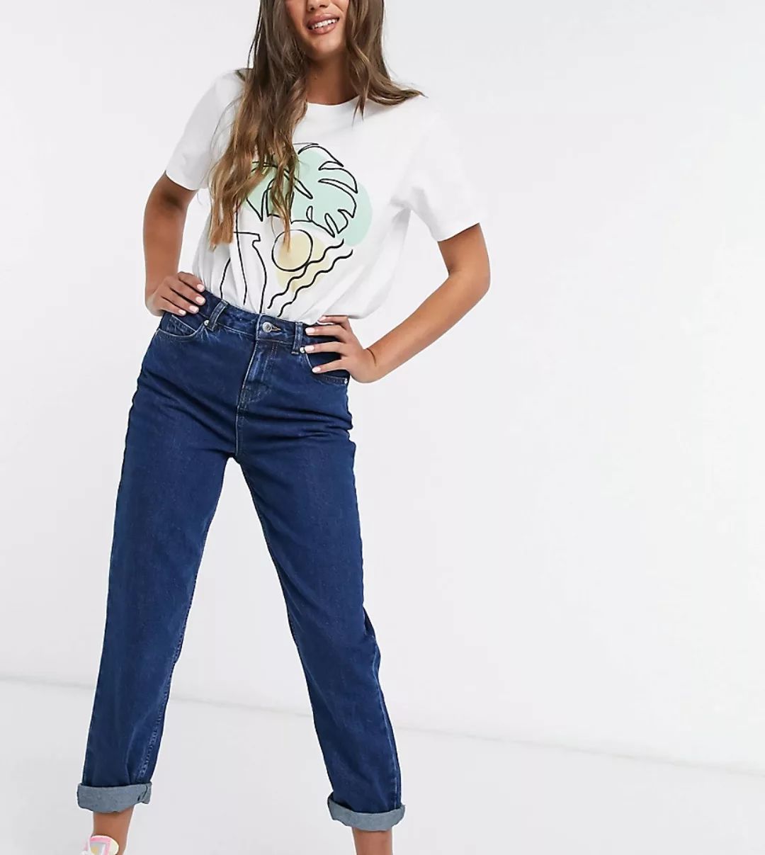 ASOS DESIGN Petite – Original – Mom-Jeans mit hohem Bund in dunkler Waschun günstig online kaufen