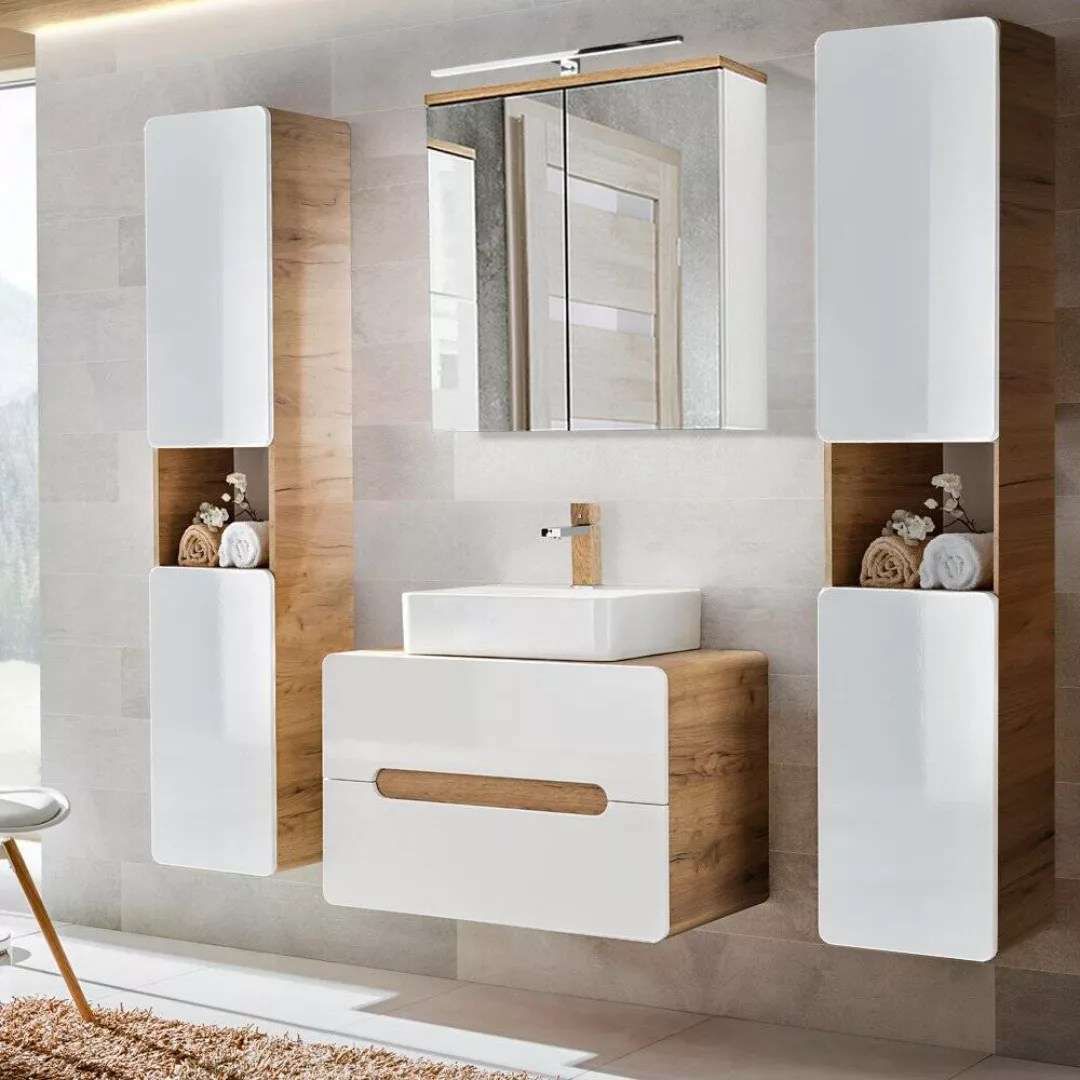Badezimmermöbel Set Hochglanz weiß & Wotan Eiche Nb. LUTON-56 mit Keramik-A günstig online kaufen