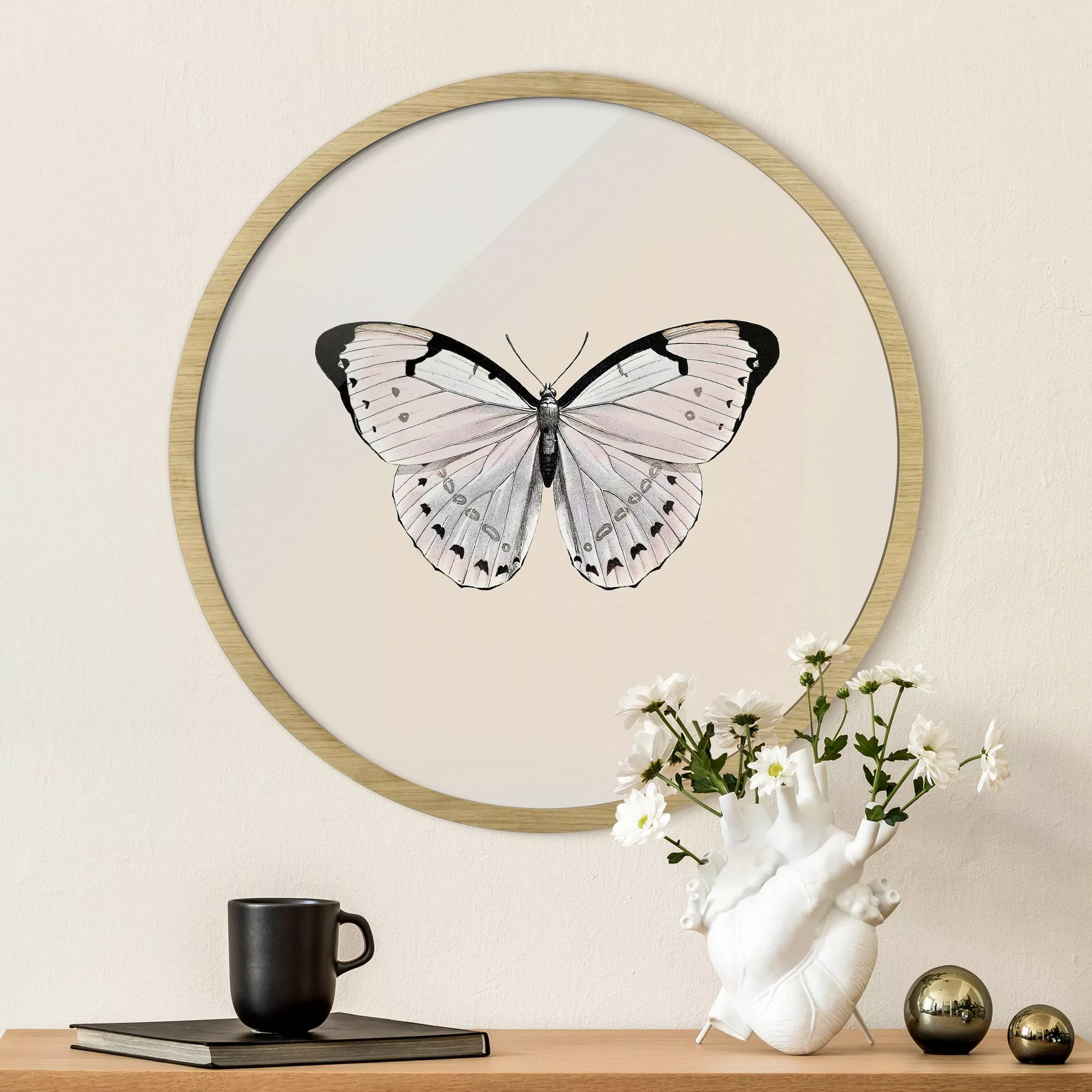 Rundes Gerahmtes Bild Schmetterling auf Beige günstig online kaufen