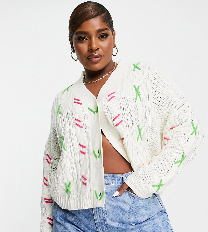 Native Youth – Oversize-Strickjacke mit neonfarbenen Nahtdetails und Zopfmu günstig online kaufen