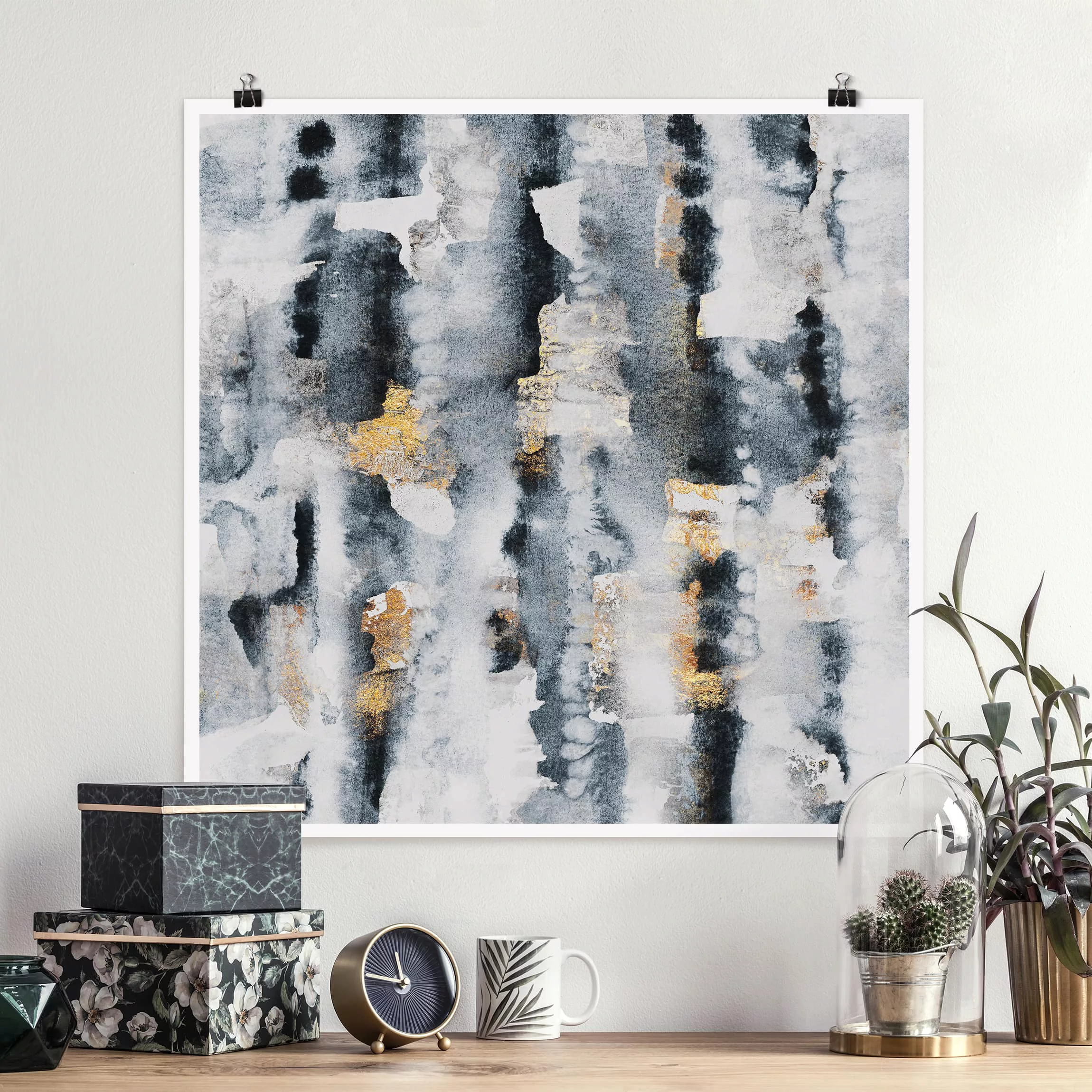 Poster Abstrakt - Quadrat Abstraktes Aquarell mit Gold günstig online kaufen