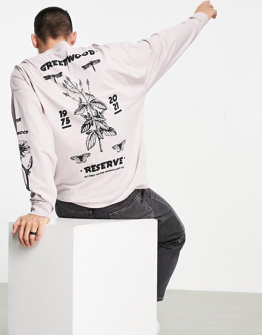 ASOS DESIGN – Langärmliges Oversize-Shirt in Rosa mit Botanik-Print an Rück günstig online kaufen