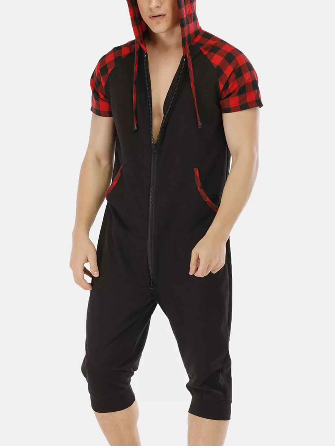Red Plaid Patchwork Overalls für Herren Kurzarm-Pyjamas mit Kapuze günstig online kaufen