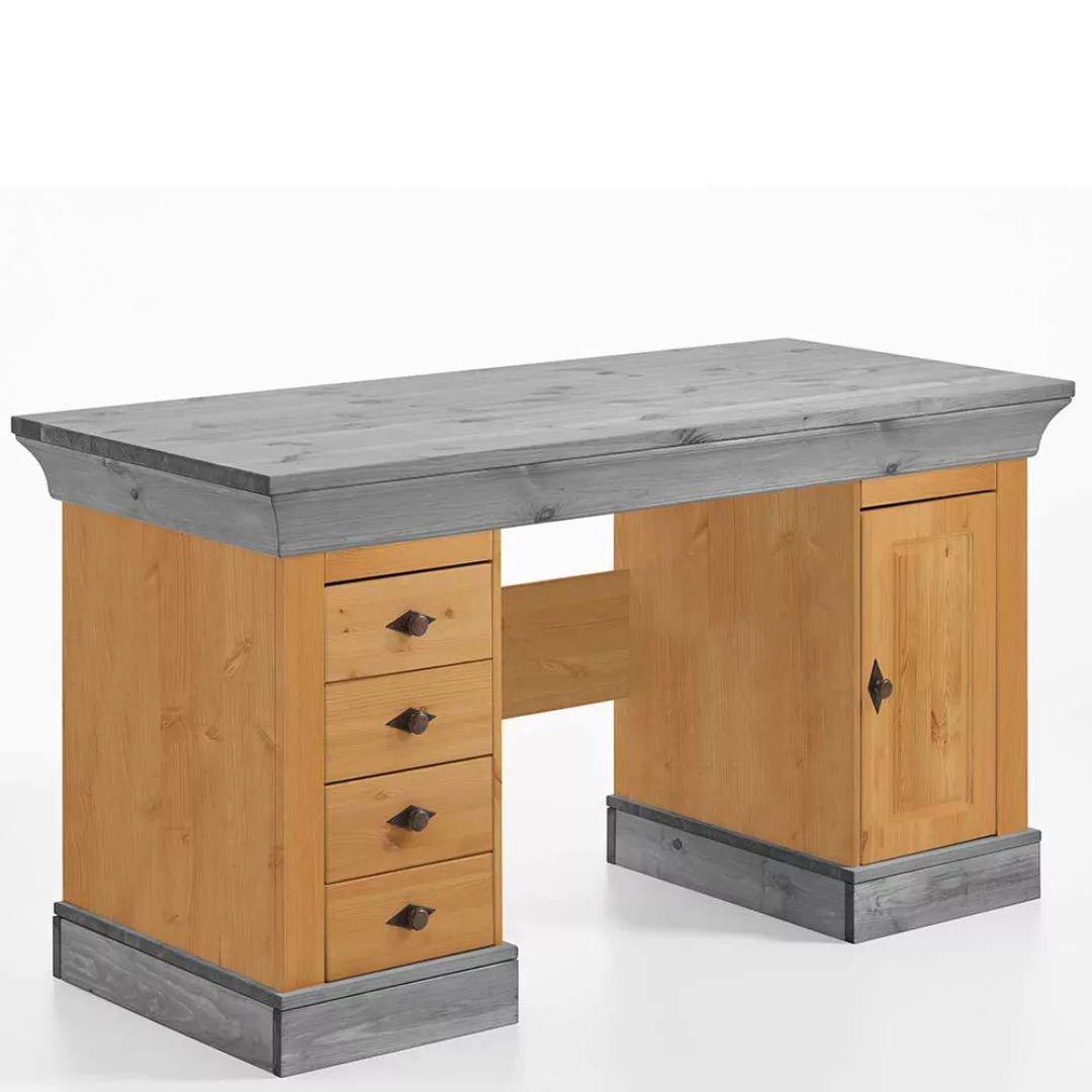 Landhaus Schreibtisch aus Kiefer teilmassiv grauer Tischplatte günstig online kaufen