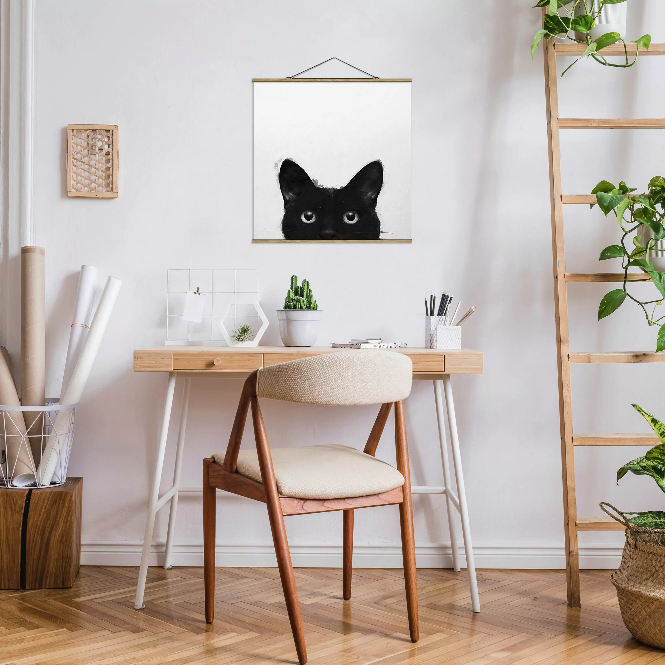 Stoffbild Tiere mit Posterleisten - Quadrat Illustration Schwarze Katze auf günstig online kaufen