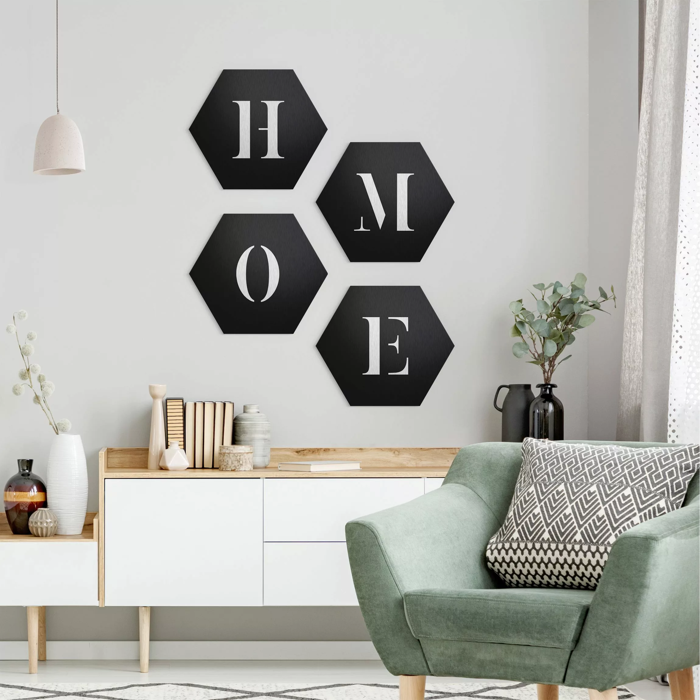 4-teiliges Hexagon-Alu-Dibond Bild Buchstaben HOME Weiß Set II günstig online kaufen