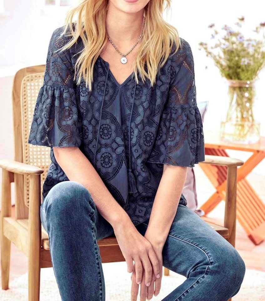 heine Print-Shirt LINEA TESINI Damen Designer-Spitzenshirt, rauchblau günstig online kaufen