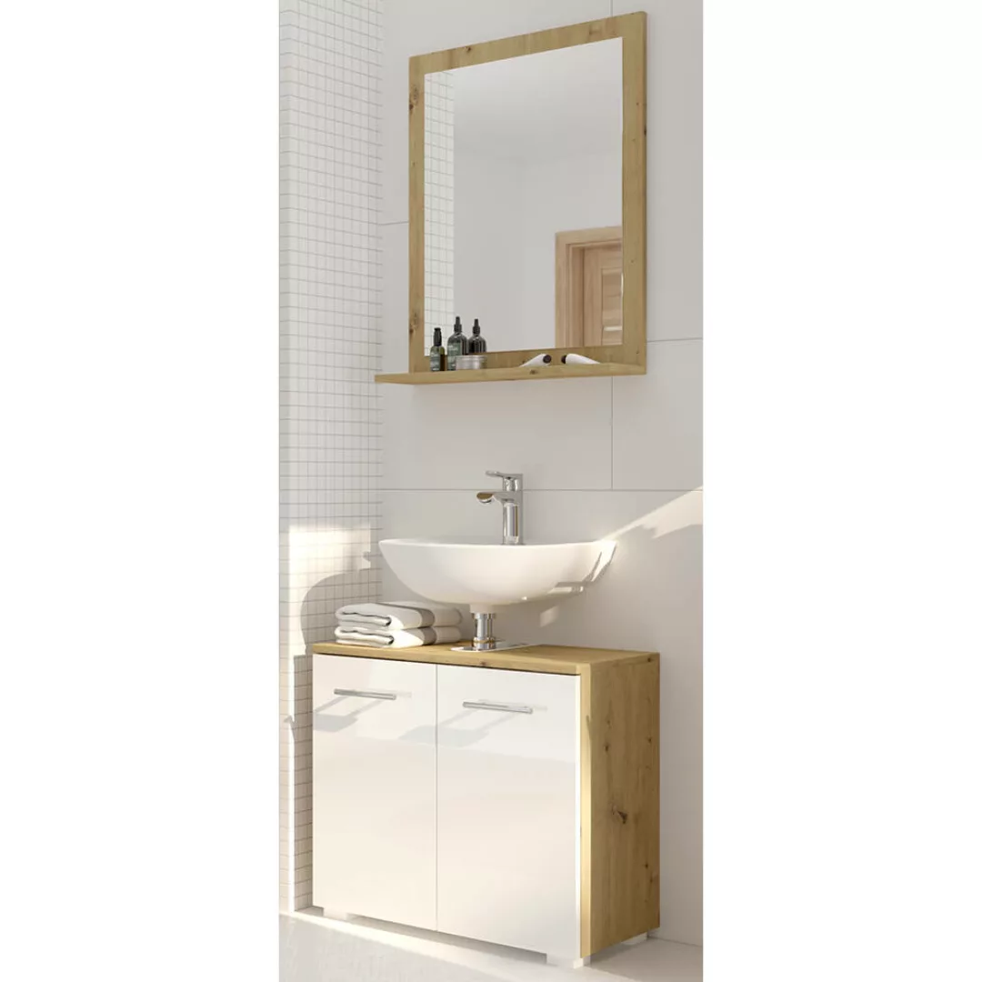 Badezimmermöbel Waschplatz Set in Artisan Eiche Nb. mit weiß Hochglanz SEIA günstig online kaufen
